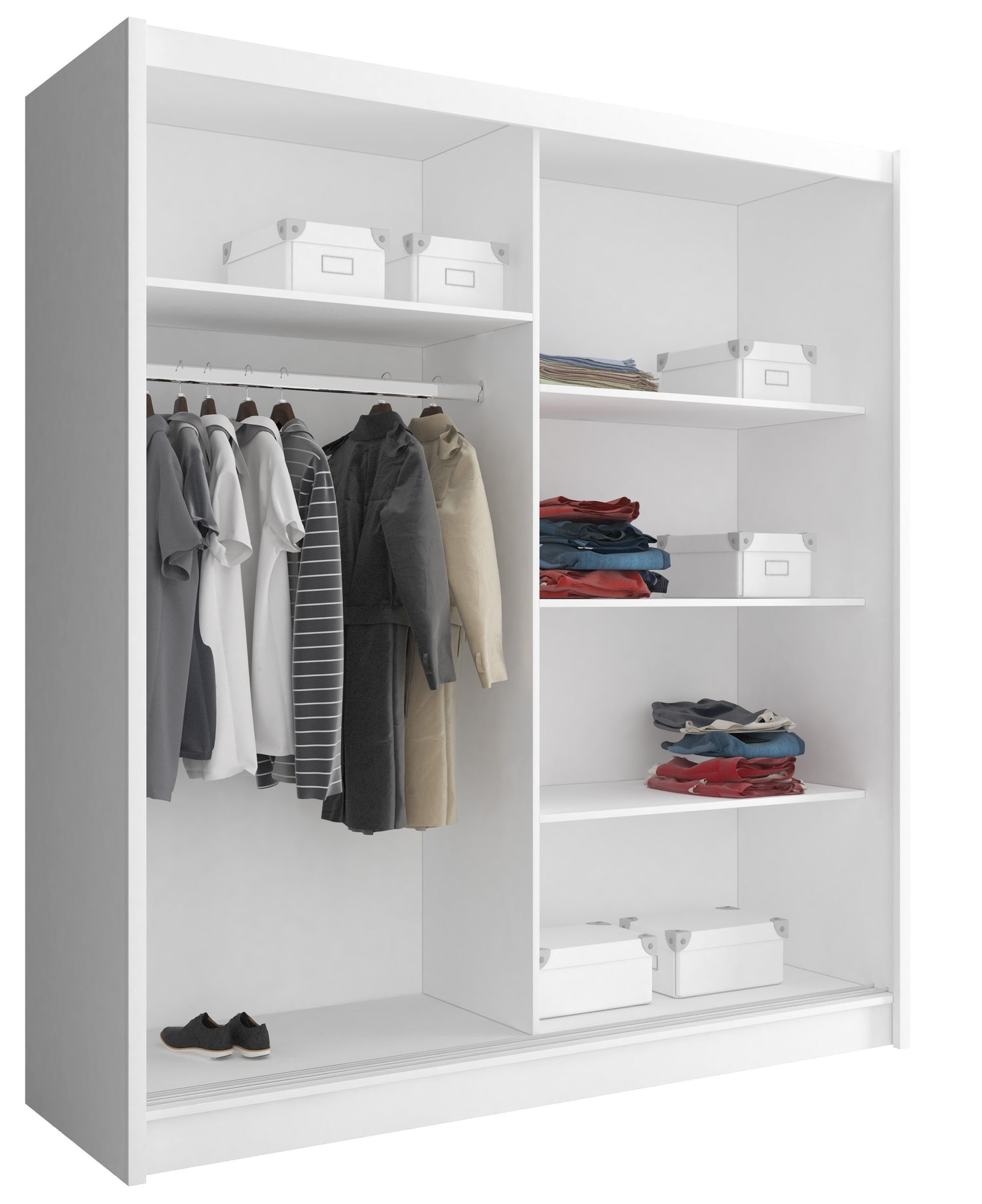 SLIDING DOOR WARDROBE MAJA ALU 180CM WHITESliding wardrobes with mirrors - a clever way to optically enlarge the room Maximize your space with the MAJA ALU 180CM WHITE sliding door wardrobe. Color: Body: WHITE Front: white + silver strips The wardrobe's s