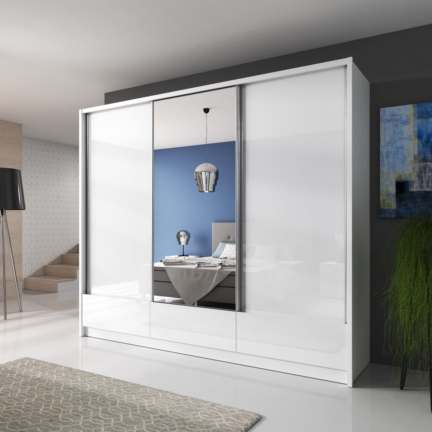 SLIDING DOOR WARDROBE ARIA I 254CM WHITE GLOSSDiscover the ultimate storage solution for modern homes with the Aria I Wardrobe. Its spacious and functional design offers complete freedom in storing your belongings. Crafted with precision and attention to