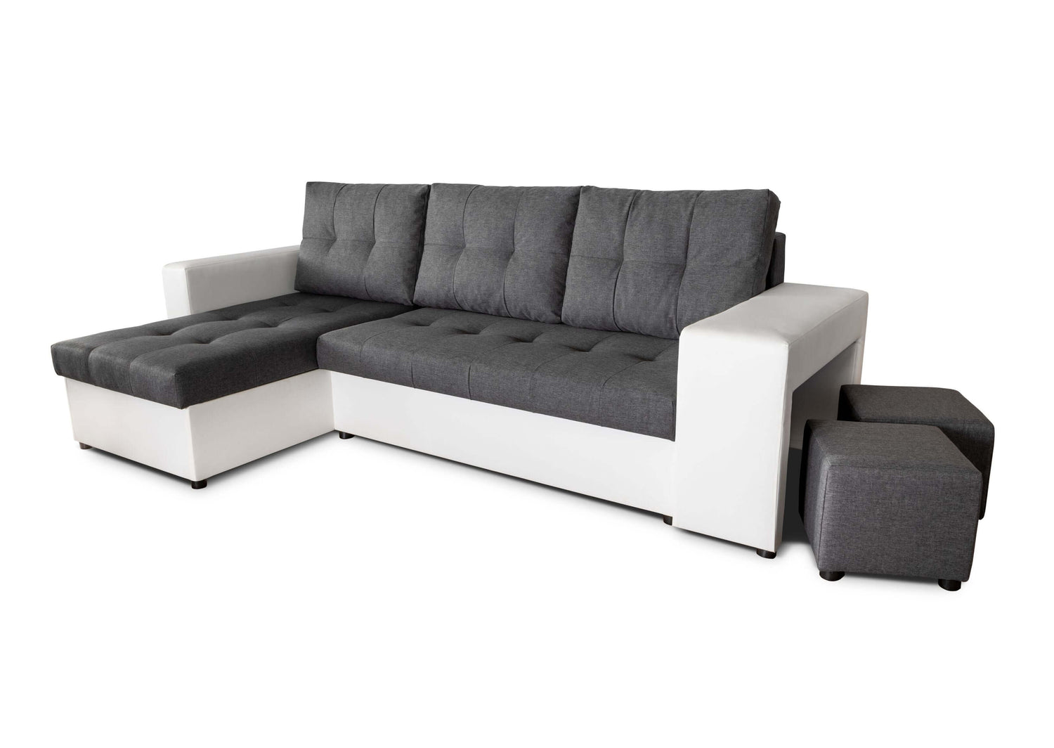 CORNER SOFA BED LEON 255CM 2X STORAGE SPACE UNIVERSAL CORNER RIGHT/LEFT CORNER / BONELL SPRINGS + FOAMFEATURES:BONELL SPRINGS + T28 FOAM 3 X LARGE BACKREST PILLOWS 2X STORAGE SPACE 2X STOOLBed-folding function DL SYSTEM (The unfolding process involves gen