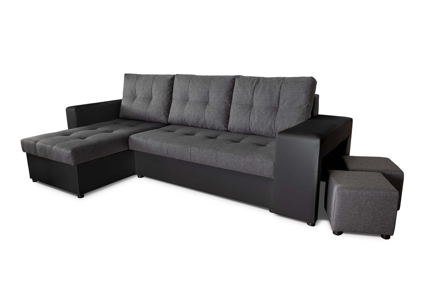 CORNER SOFA BED LEON 255CM 2X STORAGE SPACE UNIVERSAL CORNER RIGHT/LEFT CORNER / BONELL SPRINGS + FOAMFEATURES:BONELL SPRINGS + T28 FOAM 3 X LARGE BACKREST PILLOWS 2X STORAGE SPACE 2X STOOLBed-folding function DL SYSTEM (The unfolding process involves gen