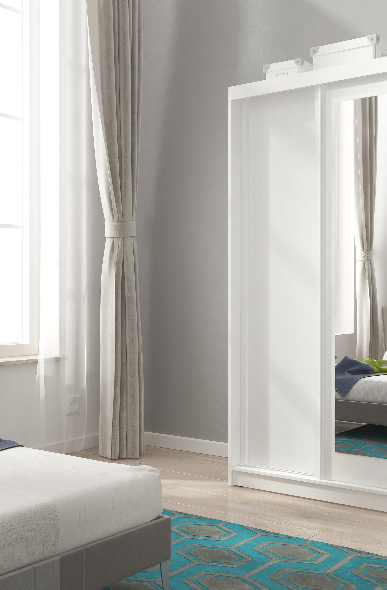 SLIDING DOOR WARDROBE ALASKA 100CM WHITEHigh-quality laminated board The board is resistant to damage, scratches and high temperatures Modern design Big space The wardrobe has two fronts, One front of the wardrobe is covered with a mirror 1 rail for hangi