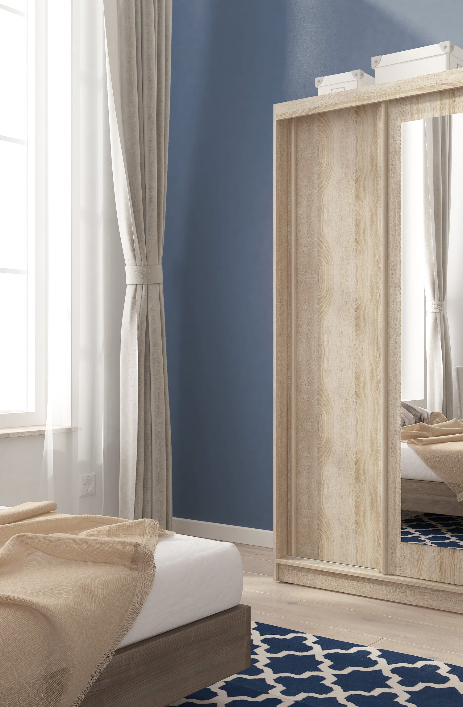 SLIDING DOOR WARDROBE ALASKA 100CM SONOMAHigh-quality laminated board The board is resistant to damage, scratches and high temperatures Modern design Big space The wardrobe has two fronts, One front of the wardrobe is covered with a mirror 1 rail for hang