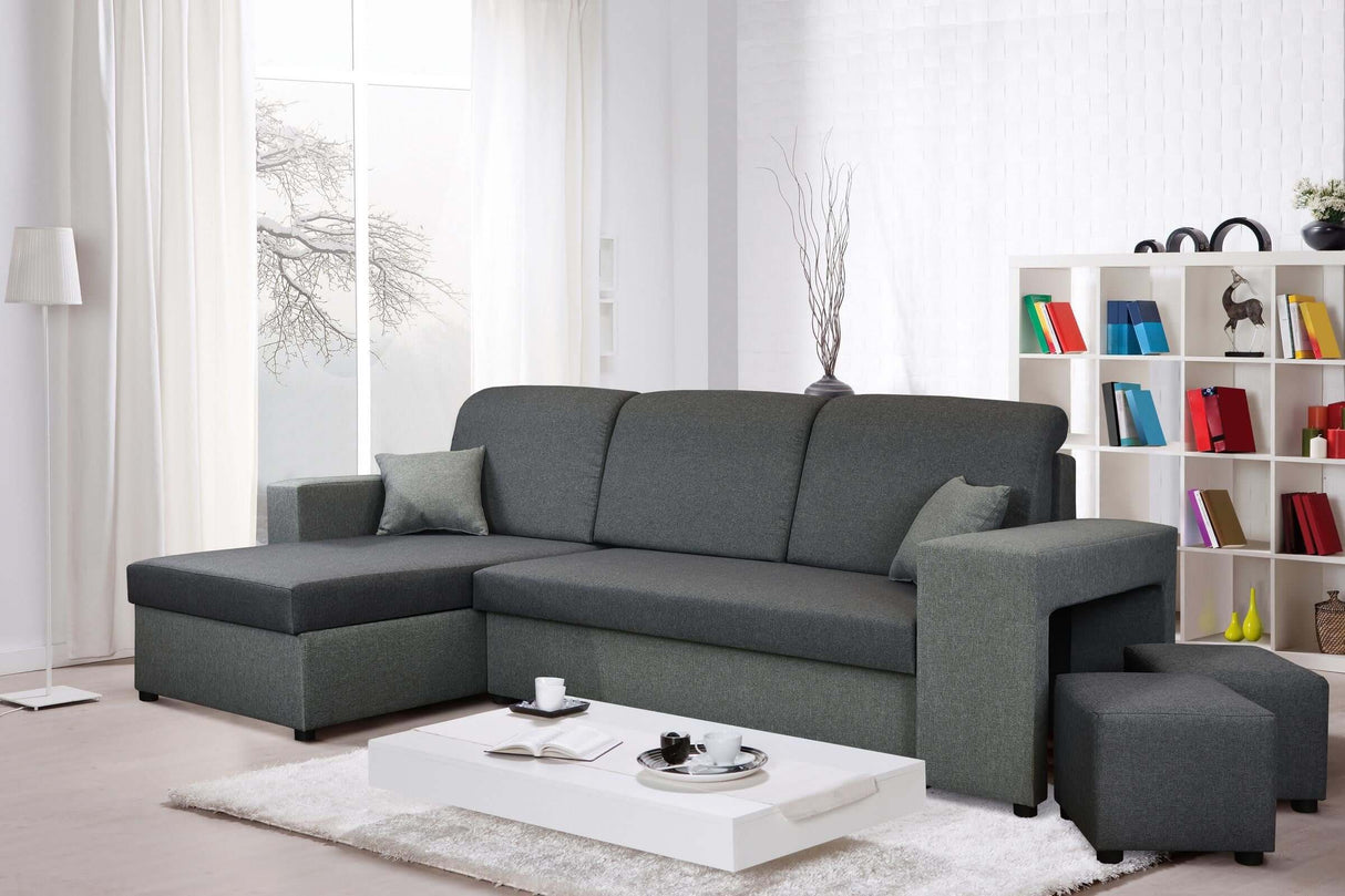 CORNER SOFA BED ARRO 255CM 2X STORAGE SPACE UNIVERSAL CORNER RIGHT/LEFT CORNER / BONELL SPRINGS + FOAMFEATURES:BONELL SPRINGS + T28 FOAM 3 X LARGE BACKREST PILLOWS 2X SMALLER CUSHIONS 2X STORAGE SPACE 2X STOOLBed-folding function DL SYSTEM (The unfolding