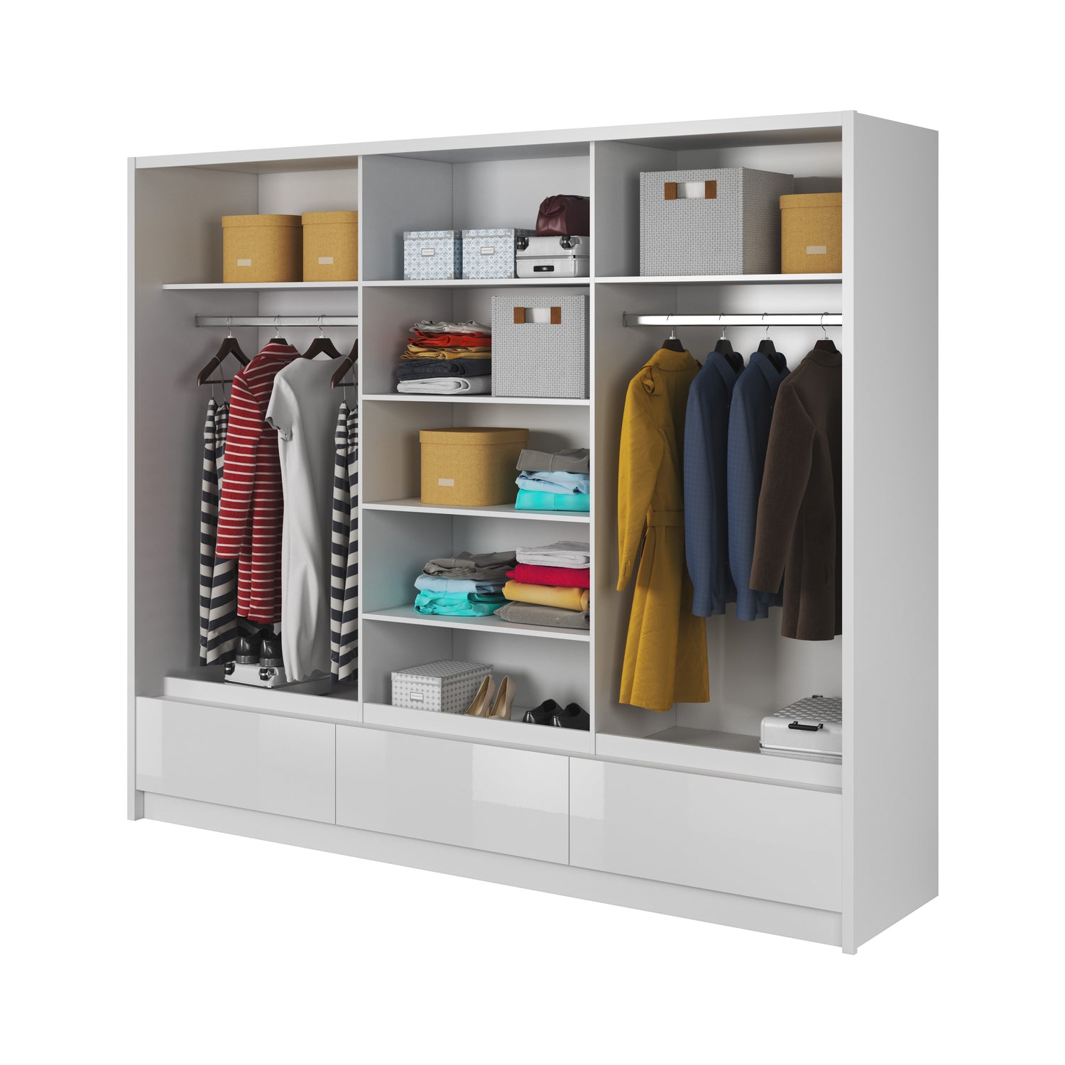 SLIDING DOOR WARDROBE ARIA I 254CM WHITE GLOSSDiscover the ultimate storage solution for modern homes with the Aria I Wardrobe. Its spacious and functional design offers complete freedom in storing your belongings. Crafted with precision and attention to