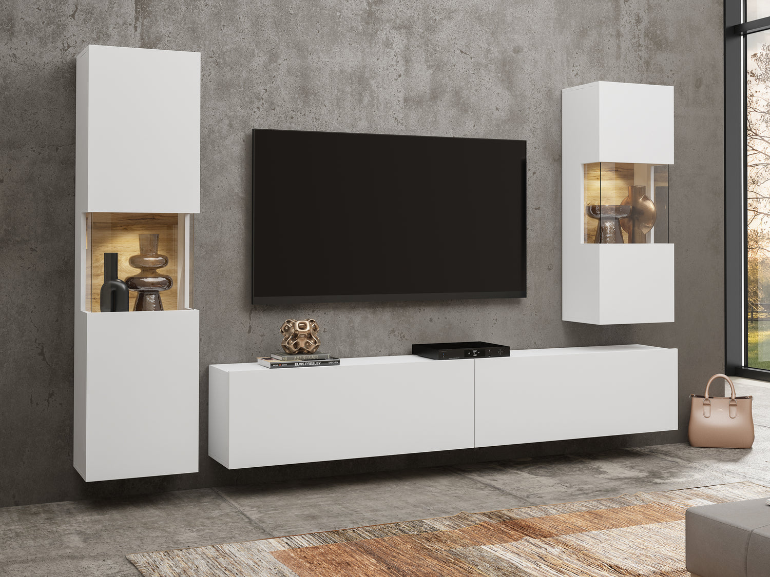 TV WALL UNIT AVA Wotan oak/whiteThe set consists of the following elements(width/height/depth in cm)AVA 05 display cabinet (36/140/30)AVA 07 display cabinet (36/95/30)TV chest of drawers AVA 40 (180/35/30)Specific information ColorationWotan Oak / White A