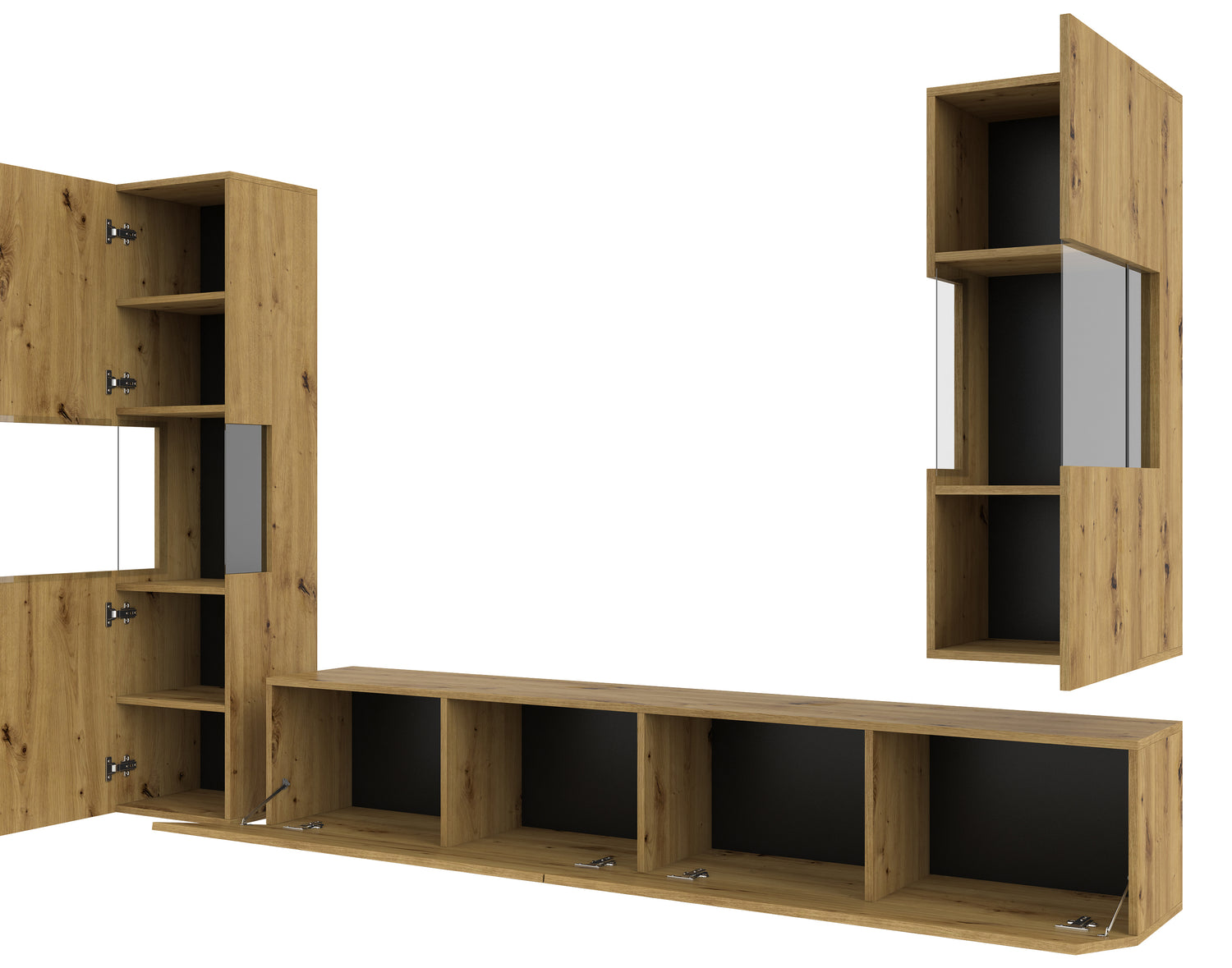 TV WALL UNIT AVA artisak oak black/arisan oakThe set consists of the following elements(width/height/depth in cm)AVA 05 display cabinet (36/140/30)AVA 07 display cabinet (36/95/30)TV chest of drawers AVA 40 (180/35/30)Specific information ColorationArtisa