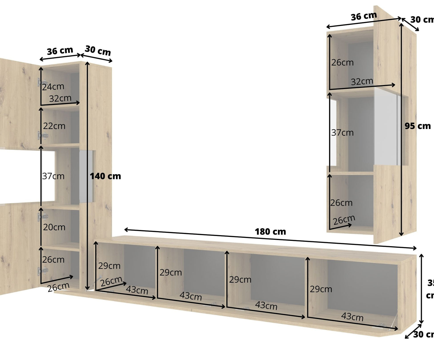 TV WALL UNIT AVA artisak oak black/arisan oakThe set consists of the following elements(width/height/depth in cm)AVA 05 display cabinet (36/140/30)AVA 07 display cabinet (36/95/30)TV chest of drawers AVA 40 (180/35/30)Specific information ColorationArtisa
