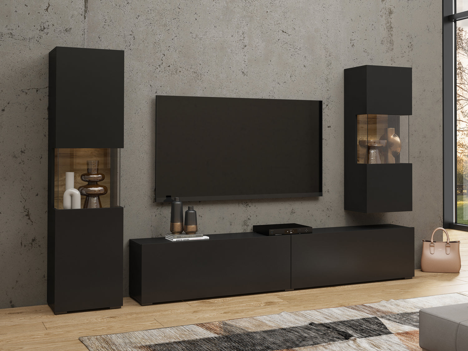 TV WALL UNIT AVA Wotan oak/blackThe set consists of the following elements(width/height/depth in cm)AVA 05 display cabinet (36/140/30)AVA 07 display cabinet (36/95/30)TV chest of drawers AVA 40 (180/35/30)Specific information ColorationWotan Oak / Black (