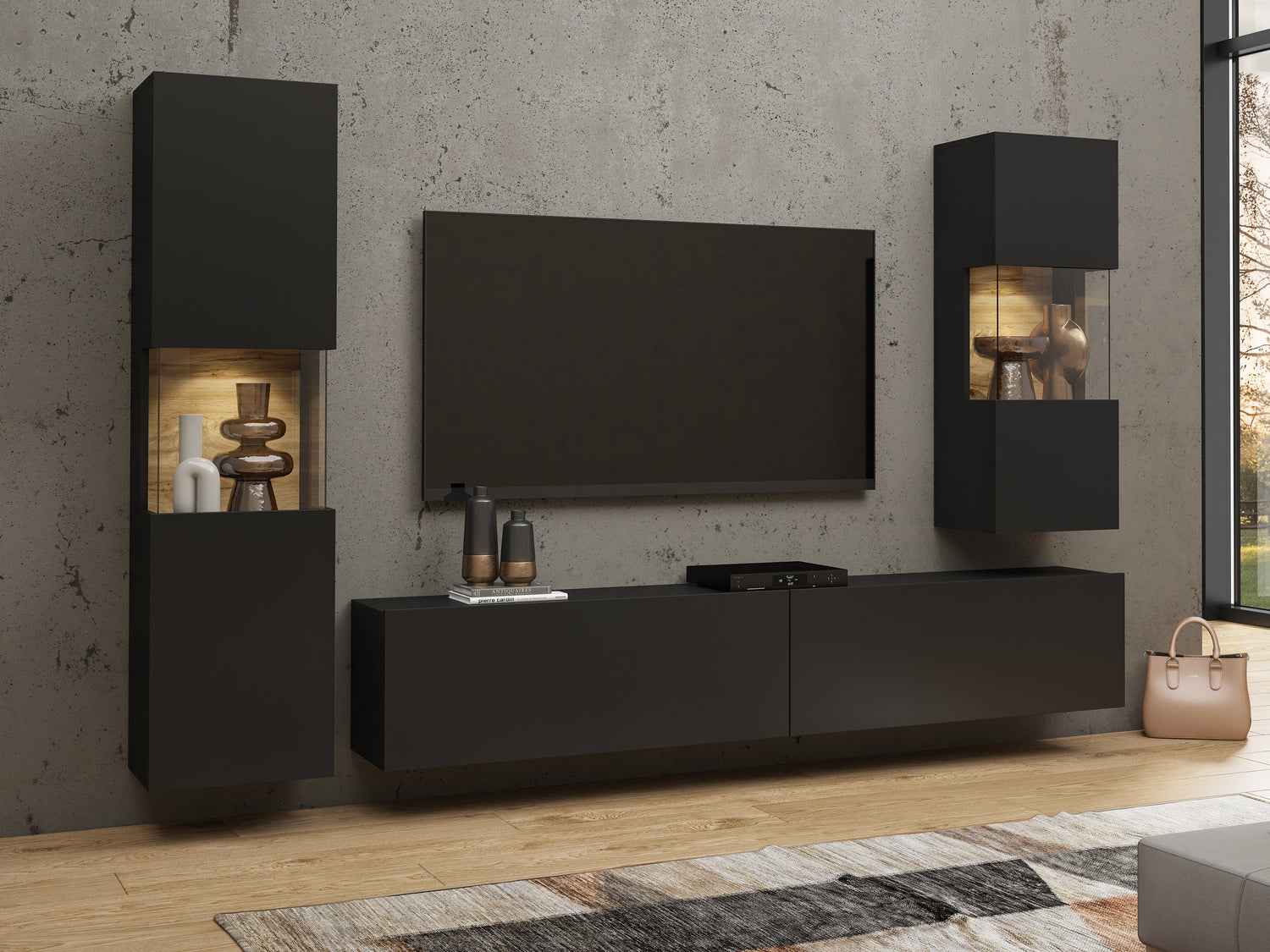TV WALL UNIT AVA Wotan oak/blackThe set consists of the following elements(width/height/depth in cm)AVA 05 display cabinet (36/140/30)AVA 07 display cabinet (36/95/30)TV chest of drawers AVA 40 (180/35/30)Specific information ColorationWotan Oak / Black (
