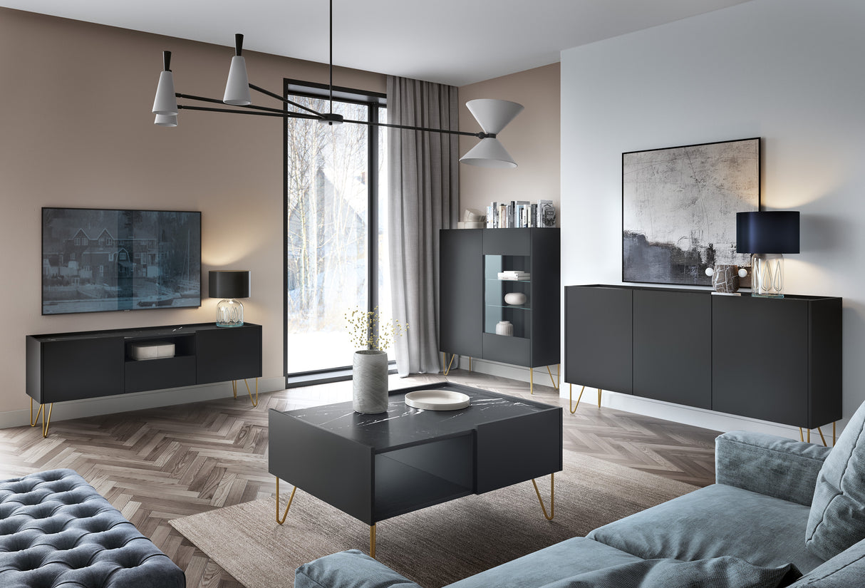 HARMONY TV STAND 01 black / black marbleTV Stand HARMONY 01 (144/55/37) ColourBlack / Black marble + Golden MaterialLaminated board 16mm VeneerEdging ABS Metal Legs PUSH-TO-OPENUncategorizedAnna Furniture
