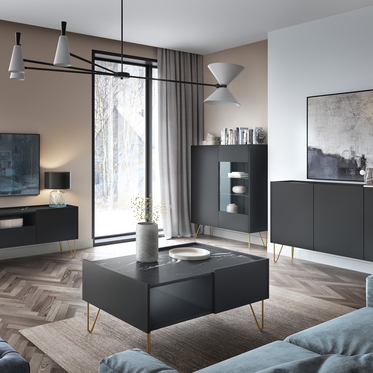 Coffee Table HARMONY 05 black / black marbleTV Stand HARMONY 01 (144/55/37) Colour Black / Black marble + Golden Material Laminated board 16mm Veneer Edging ABS Metal LegsAnna Furniture