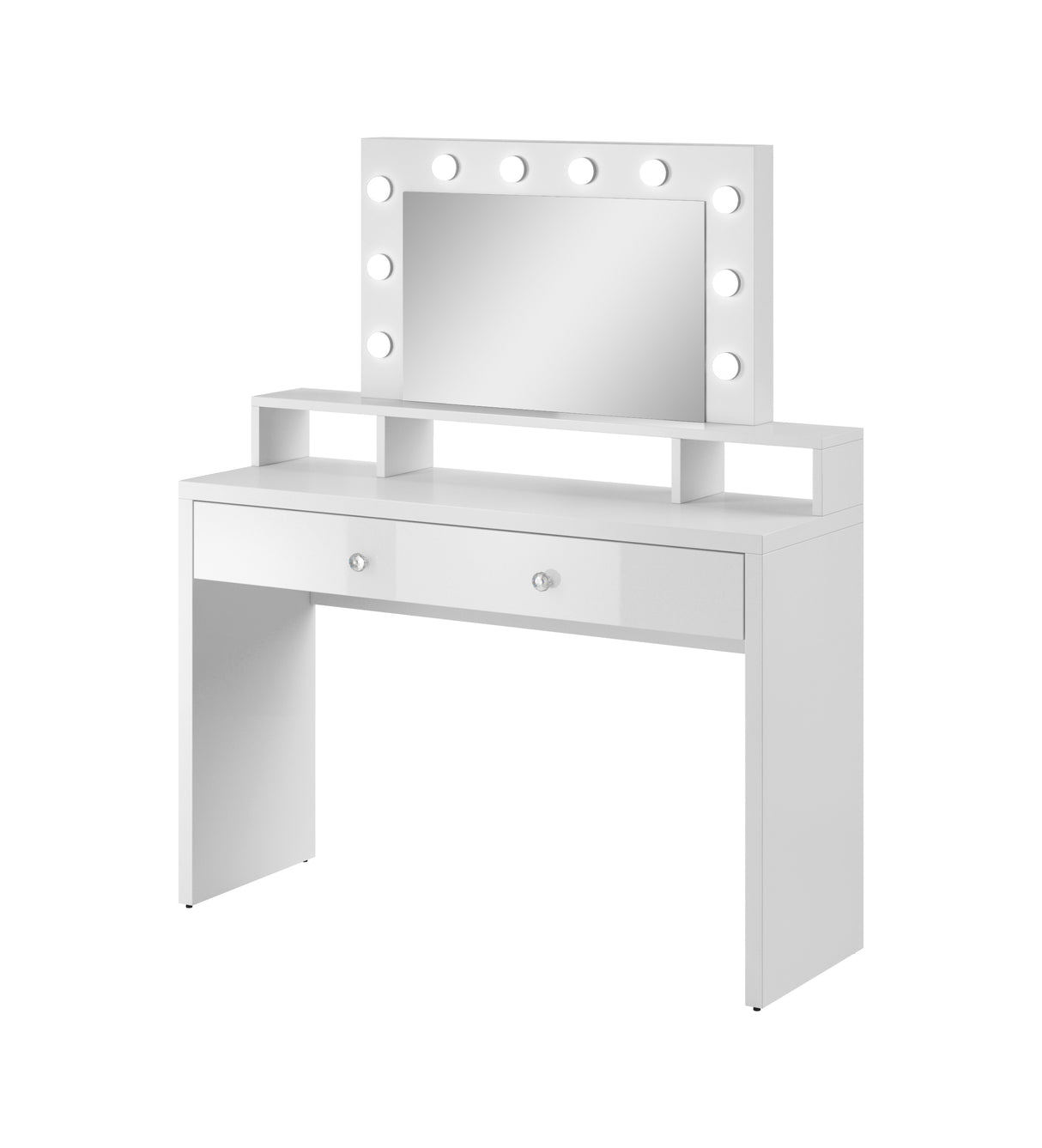 DRESSING TABLE WHITE/WHITE GLOSS WITH MIRROR AND LIGHTDimensions Height 136CM Width 120CM Depth 40CM Number of Packages: 1Specific information ColorationWhite / White Gloss MaterialLaminated furniture board MirrorINCLUDED LED lightingINCLUDEDAnna Furnitur