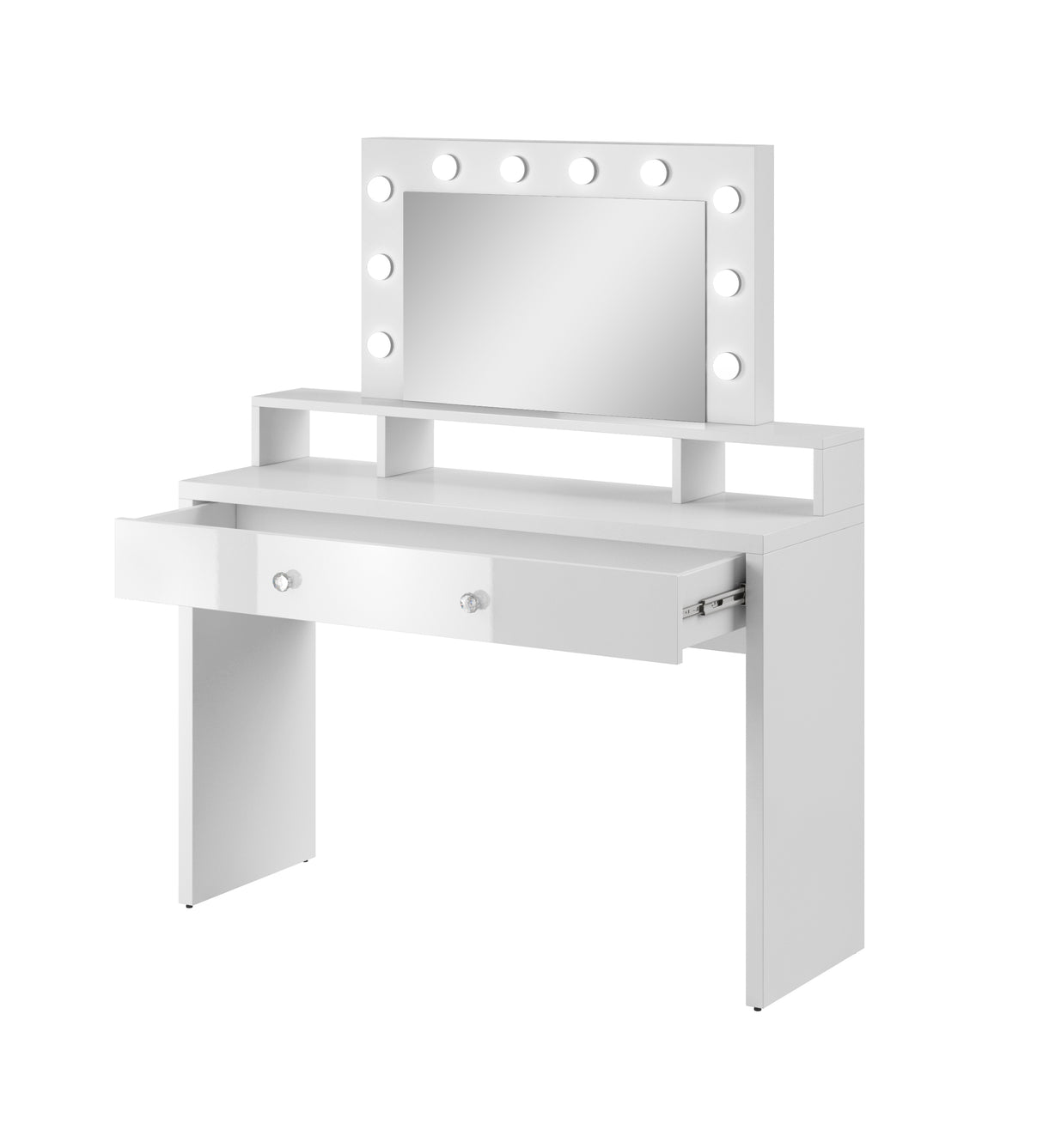 DRESSING TABLE WHITE/WHITE GLOSS WITH MIRROR AND LIGHTDimensions Height 136CM Width 120CM Depth 40CM Number of Packages: 1Specific information ColorationWhite / White Gloss MaterialLaminated furniture board MirrorINCLUDED LED lightingINCLUDEDAnna Furnitur