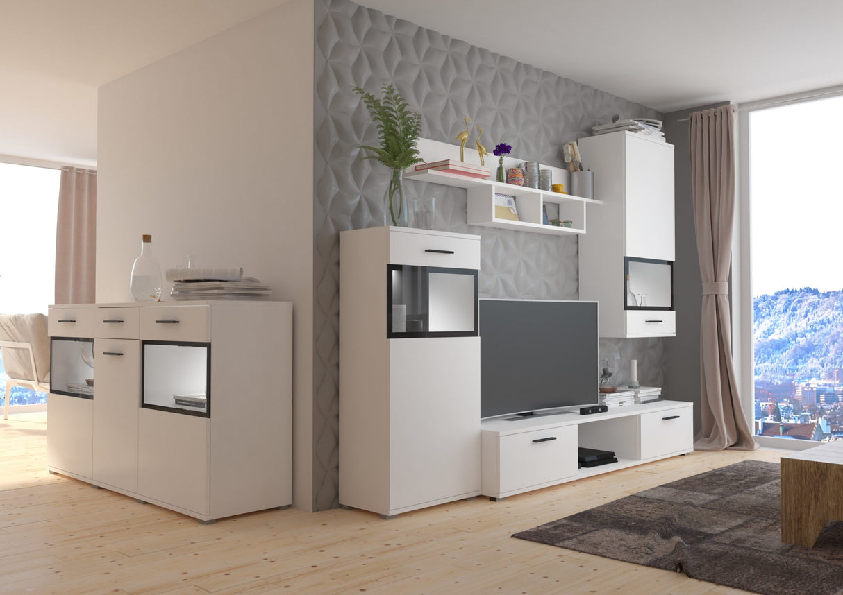 TV WALL UNIT MAXI SET WITH SIDEBOARD WHITEOverall dimensions of the wall unit: 2300 x 2000 x 402mm (W x H x D)Number of packages: 2Front:- 15mm white laminated board- melamine rim- glass with a black print- handle: 128mm plasticBody:- 15mm white laminated