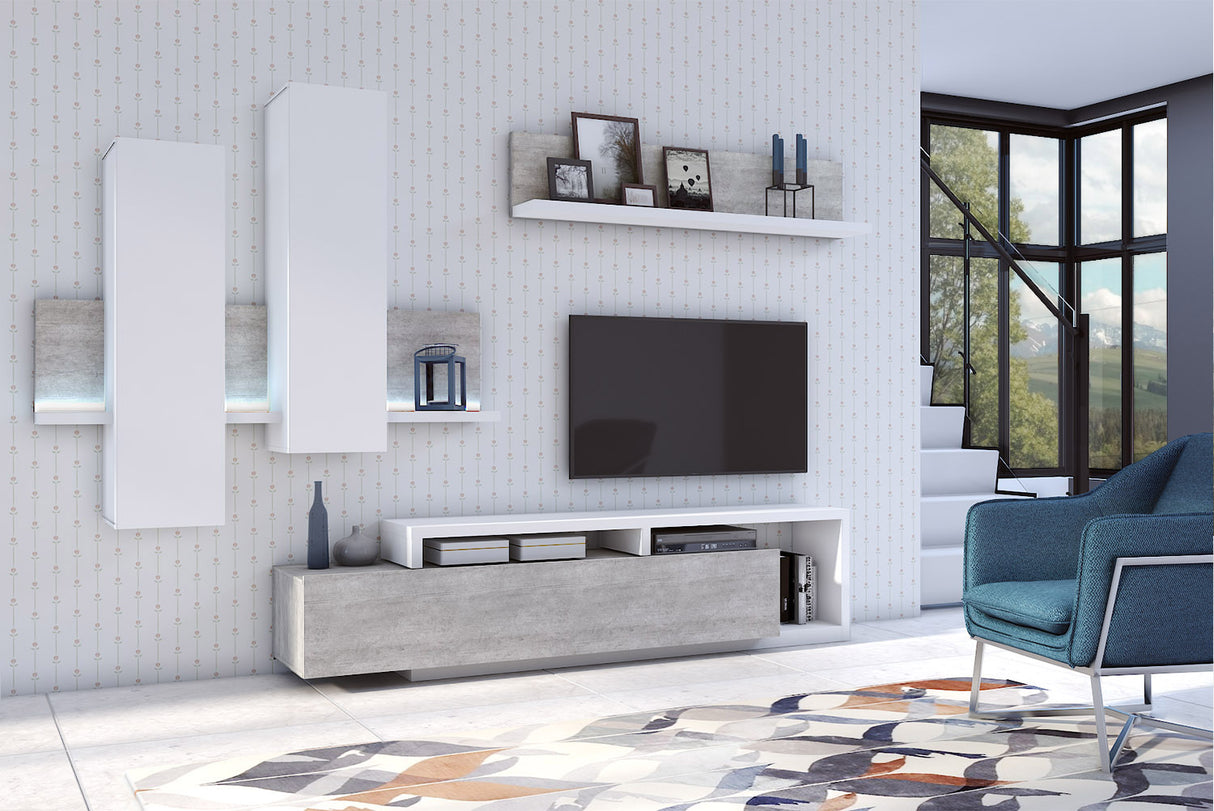 TV WALL UNIT BOTA WHITE / CONCRETE COLORADOBOTA meblościanka is a Futuristic shape with a minimalist coloration makes the furniture does not take up too much space, and the room in which it is located acquires considerable aesthetic qualities. It was prod