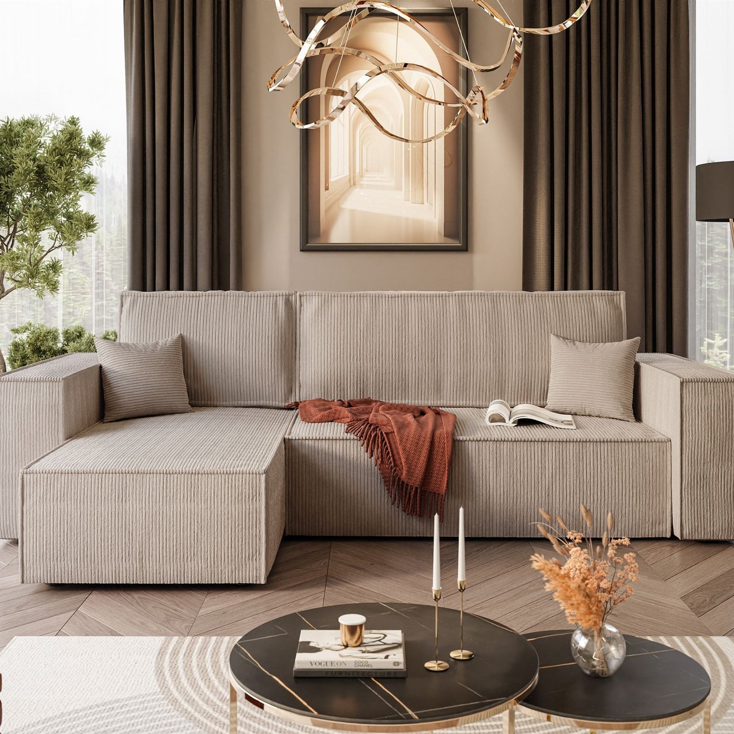 CORNER SOFA BED BERGAMO 247CM SPRINGS + FOAMDimensions: total width: 247 cm, total height: 83 cm, total depth: 143 cm.Sleeping function200x130cm Color: POSO fabric Execution: L-shaped corner, corner sofa with sleeping function, corner sofa with a bedding