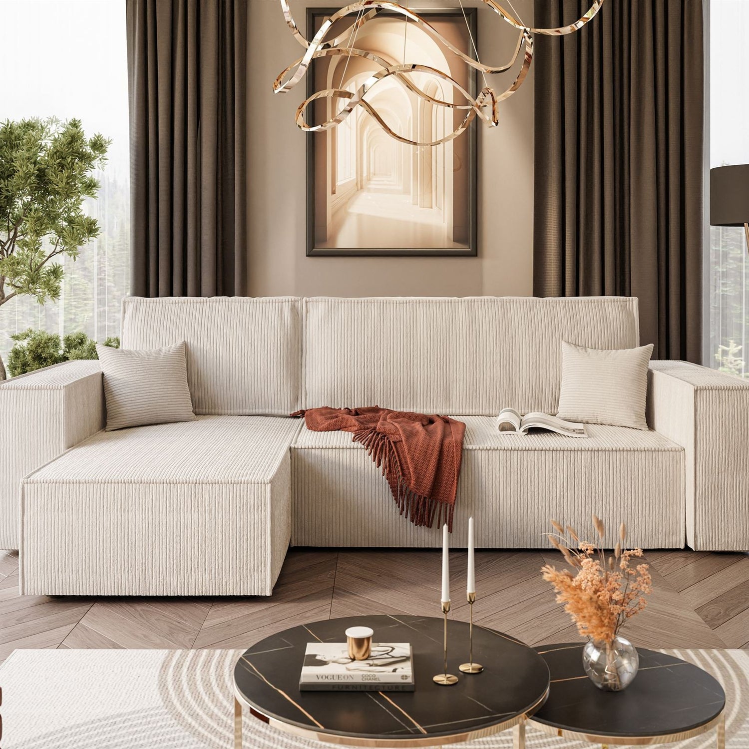 CORNER SOFA BED BERGAMO 247CM SPRINGS + FOAMDimensions: total width: 247 cm, total height: 83 cm, total depth: 143 cm.Sleeping function200x130cm Color: POSO fabric Execution: L-shaped corner, corner sofa with sleeping function, corner sofa with a bedding