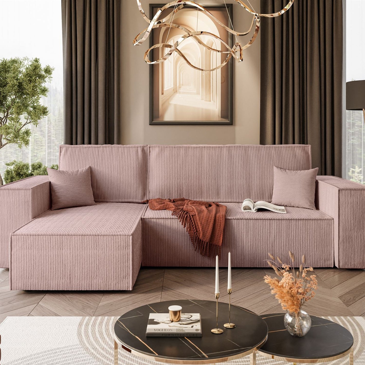 CORNER SOFA BED BERGAMO 247CM SPRINGS + FOAMDimensions: total width: 247 cm, total height: 83 cm, total depth: 143 cm.Sleeping function200x130cm Color: POSO fabric Execution: L-shaped corner, corner sofa with sleeping function, corner sofa with a bedding