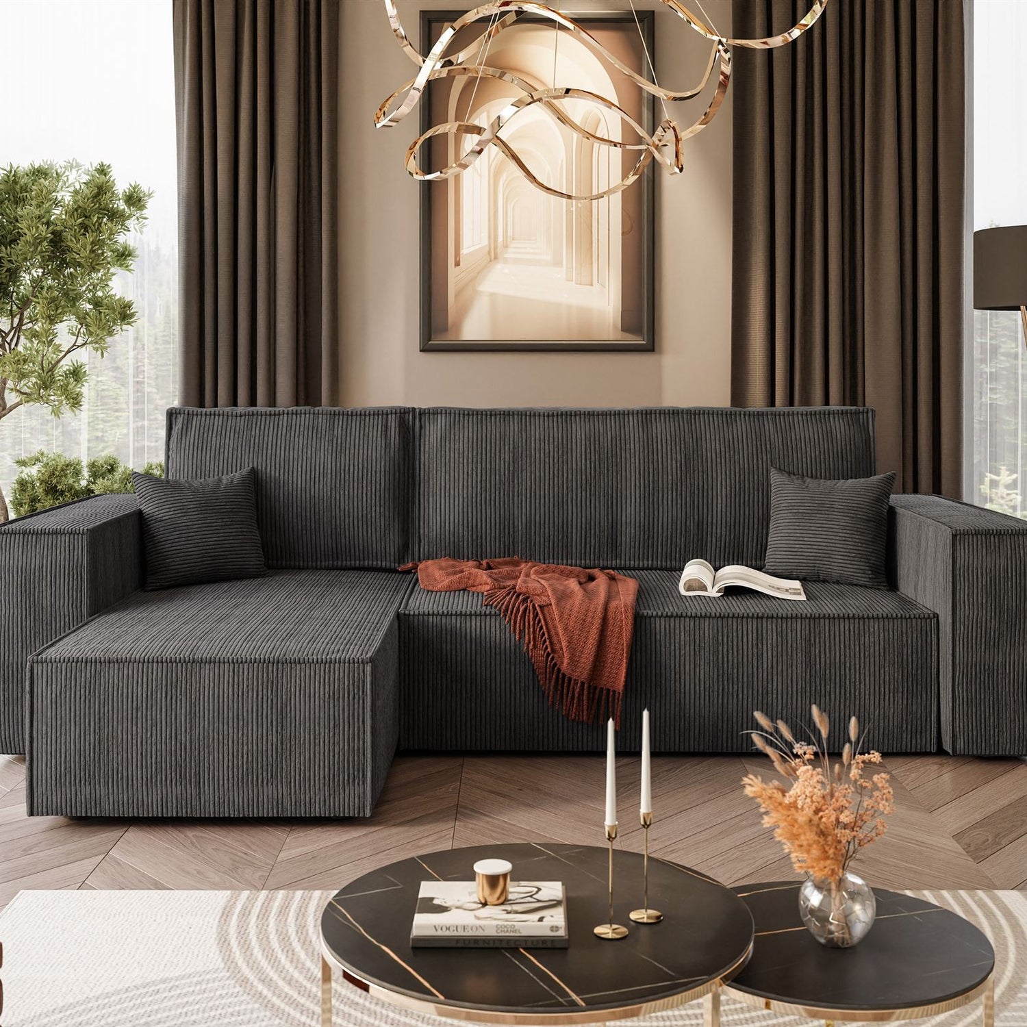 CORNER SOFA BED BERGAMO 247CM SPRINGS + FOAMDimensions: total width: 247 cm, total height: 83 cm, total depth: 143 cm.Sleeping function200x130cm Color: POSO fabric Execution: L-shaped corner, corner sofa with sleeping function, corner sofa with a bedding