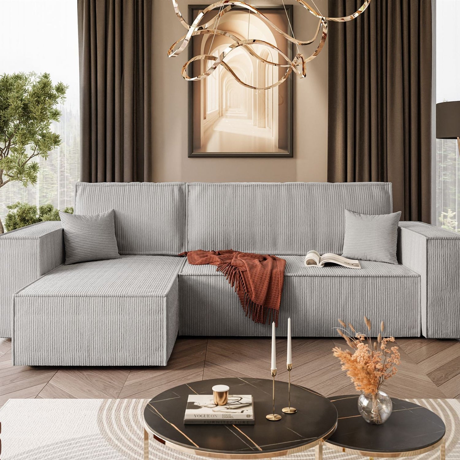 CORNER SOFA BED BERGAMO 247CM SPRINGS + FOAMDimensions: total width: 247 cm, total height: 83 cm, total depth: 143 cm.Sleeping function200x130cm Color: POSO fabric Execution: L-shaped corner, corner sofa with sleeping function, corner sofa with a bedding