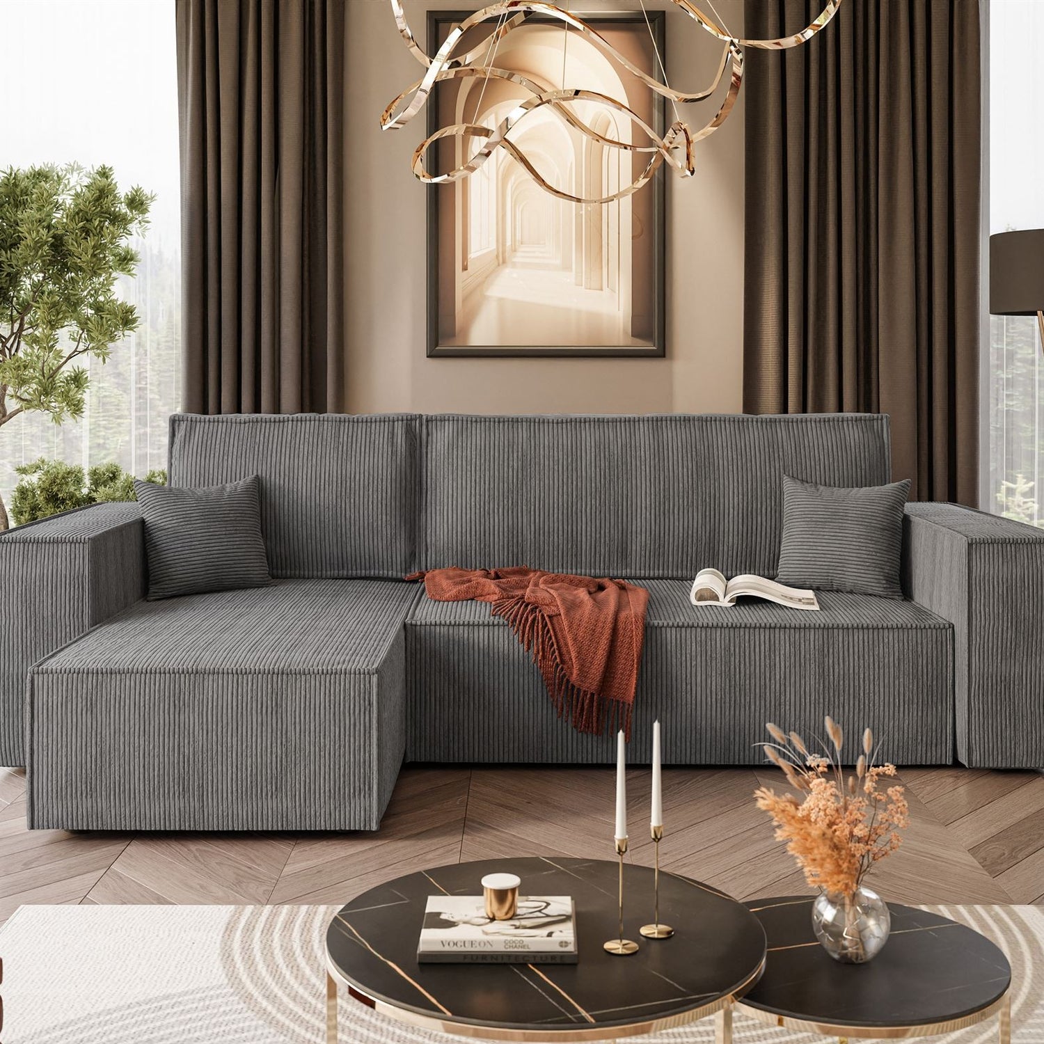 CORNER SOFA BED BERGAMO 247CM SPRINGS + FOAMDimensions: total width: 247 cm, total height: 83 cm, total depth: 143 cm.Sleeping function200x130cm Color: POSO fabric Execution: L-shaped corner, corner sofa with sleeping function, corner sofa with a bedding