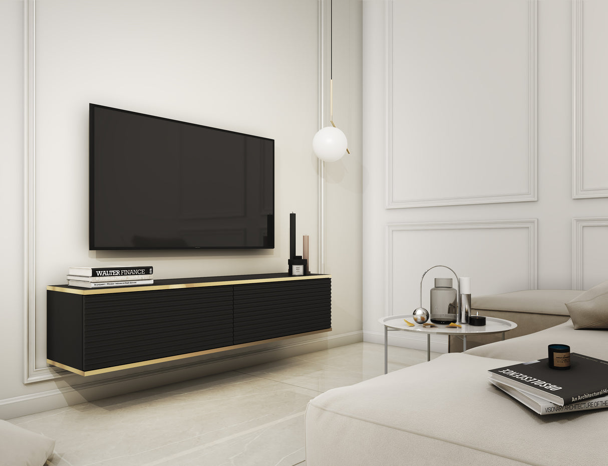 Floating TV Stand ORO 135 SLATS blackTV Stand ORO 135 Depth: 32cmWidth: 135cmHeight: 30cmA modern tv table is a practical and elegant piece of furniture, a perfect for people who looking for functional furniture for a modern interior.The simple design gua