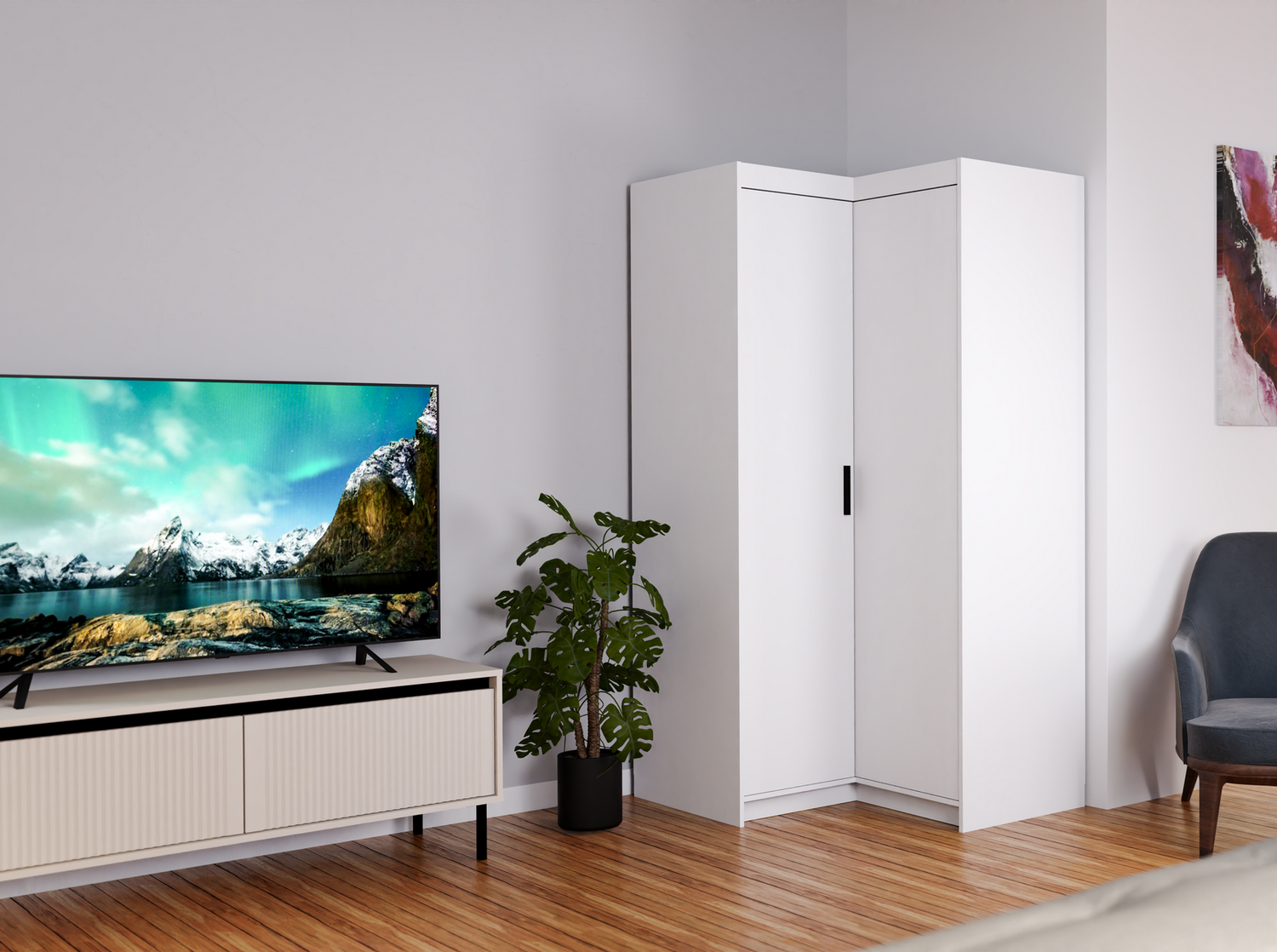 CORNER WARDROBE SELENA 2D NAR 100CM *AVAILABLE IN 3 COLORS*AVAILABLE IN 3 COLORSSONOMA, WHITE AND LEFKAS OAK Dimensions: 978 x 1905 x 978 mm (W x H x D) Number of packages: 3 Front: - laminated board 15 mm - the melamine edging - handle: 128 mm / plastic