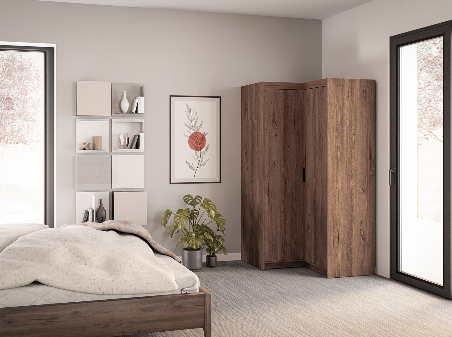 CORNER WARDROBE SELENA 2D NAR 100CM *AVAILABLE IN 3 COLORS*AVAILABLE IN 3 COLORSSONOMA, WHITE AND LEFKAS OAK Dimensions: 978 x 1905 x 978 mm (W x H x D) Number of packages: 3 Front: - laminated board 15 mm - the melamine edging - handle: 128 mm / plastic