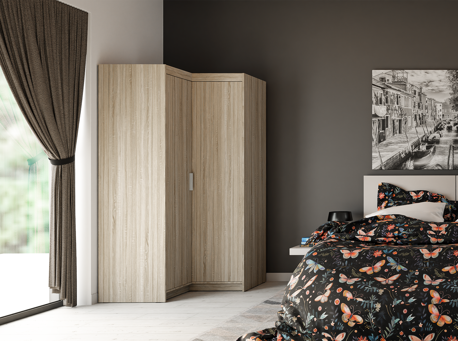 CORNER WARDROBE SELENA 2D NAR 100CM *AVAILABLE IN 3 COLORS*AVAILABLE IN 3 COLORSSONOMA, WHITE AND LEFKAS OAK Dimensions: 978 x 1905 x 978 mm (W x H x D) Number of packages: 3 Front: - laminated board 15 mm - the melamine edging - handle: 128 mm / plastic