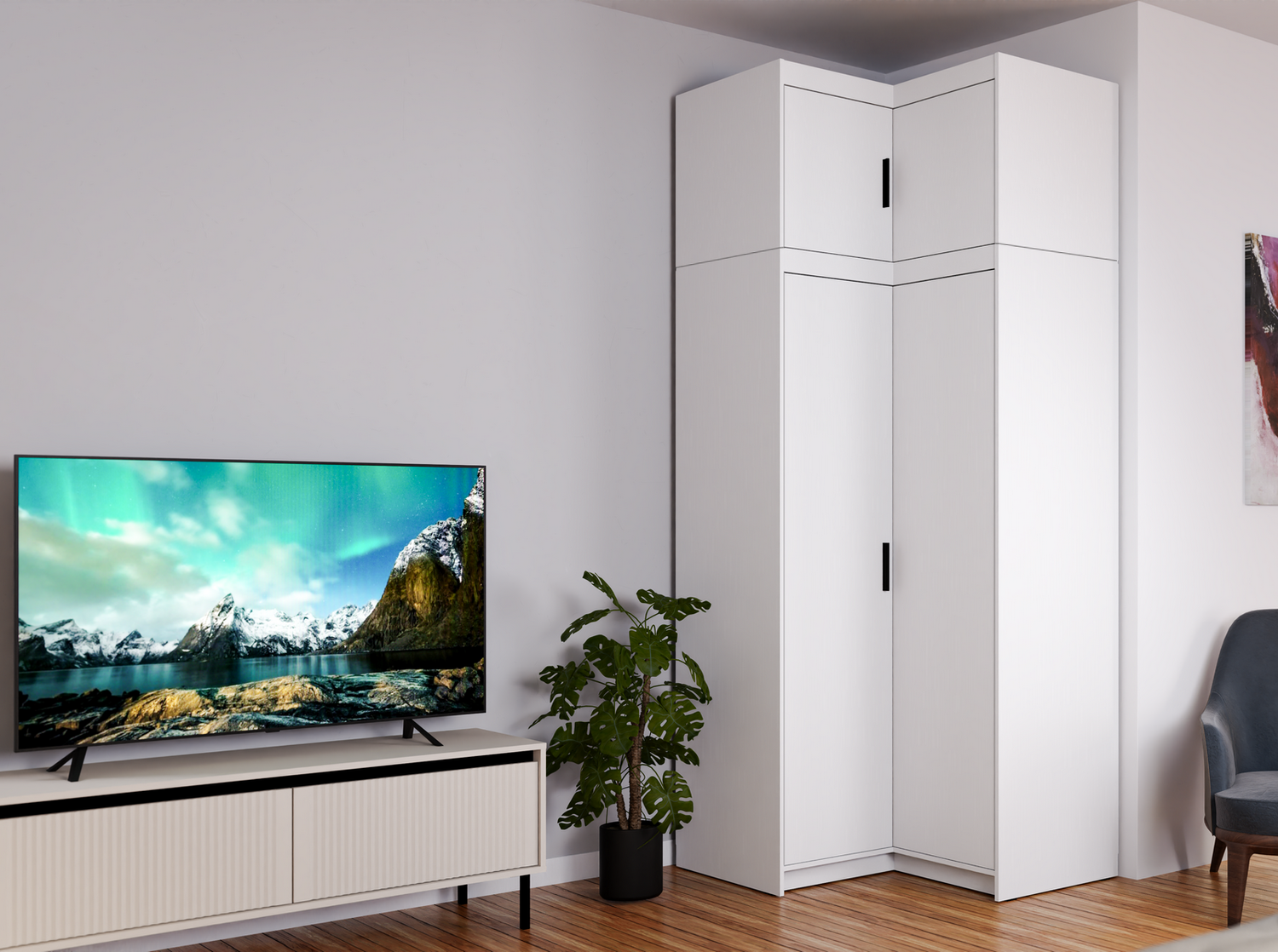 CORNER WARDROBE SELENA 2D NAR 100CM *AVAILABLE IN 3 COLORS*AVAILABLE IN 3 COLORSSONOMA, WHITE AND LEFKAS OAK Dimensions: 978 x 1905 x 978 mm (W x H x D) Number of packages: 3 Front: - laminated board 15 mm - the melamine edging - handle: 128 mm / plastic