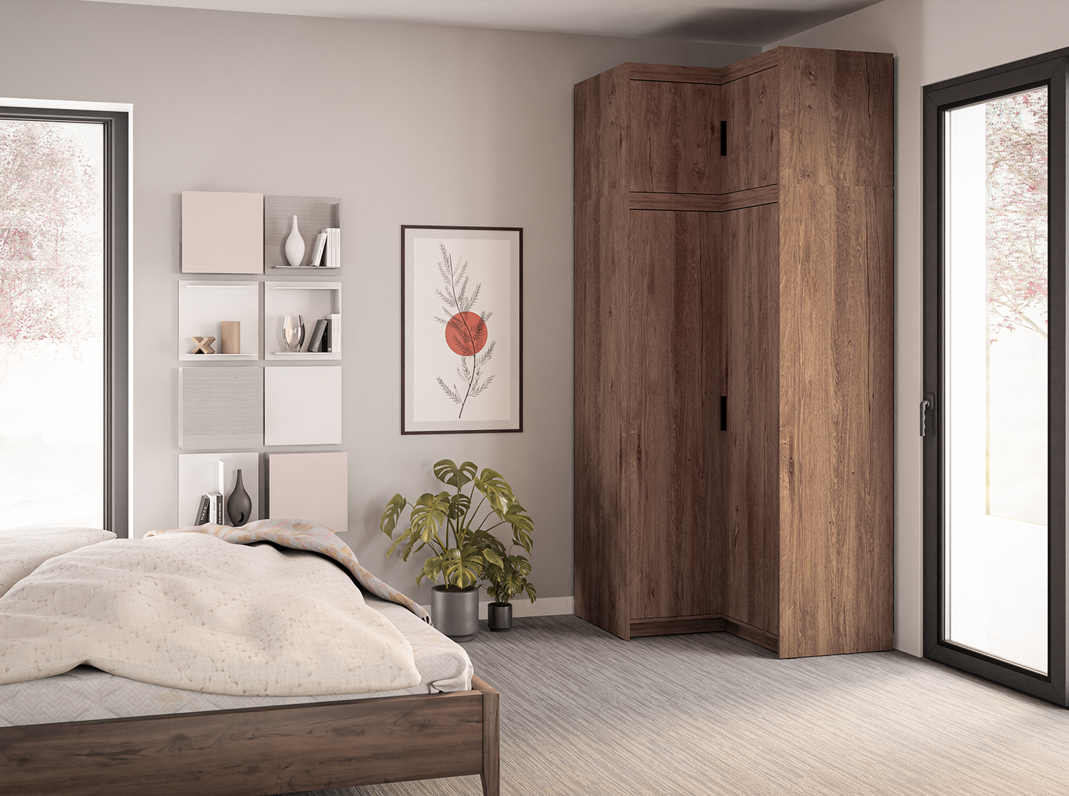 CORNER WARDROBE SELENA 2D NAR 100CM *AVAILABLE IN 3 COLORS*AVAILABLE IN 3 COLORSSONOMA, WHITE AND LEFKAS OAK Dimensions: 978 x 1905 x 978 mm (W x H x D) Number of packages: 3 Front: - laminated board 15 mm - the melamine edging - handle: 128 mm / plastic