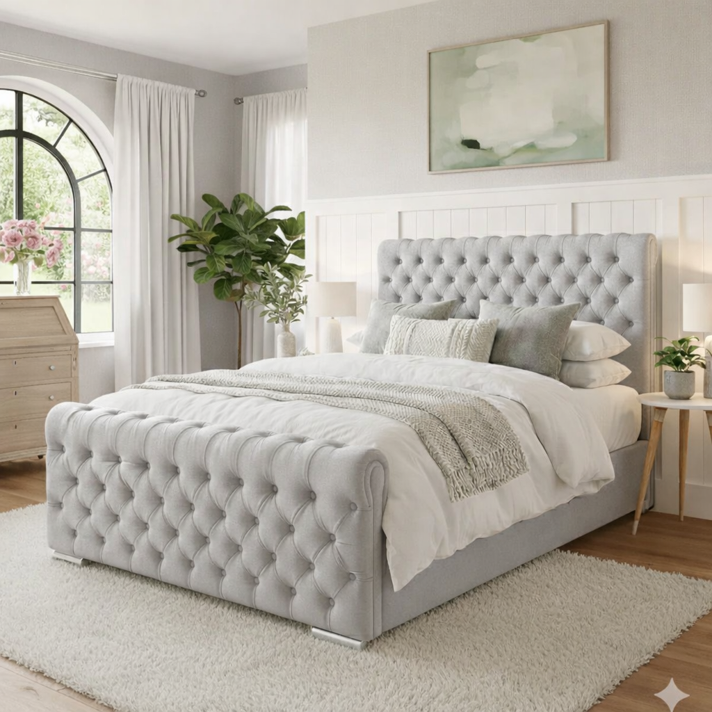 KOSTENLOSE LIEFERUNG! Luxuriöser Chesterfield-Bettgestell mit Flügelrücken und Hocker – Tief geknöpfter Samt | Erhältlich in allen Größen / WEICHER SAMT SILBER