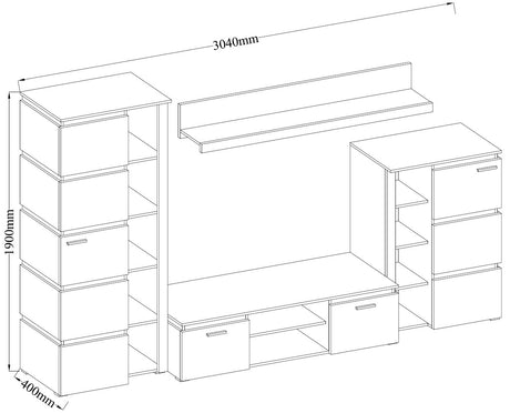 TV WALL UNIT FAROS ARTISAN OAK/MATERAOverall dimensions of the wall unit: 3040 x 1900 x 400 mm (width x height x depth)SIDEBOARD IS NOT INCLUDED IN SETNumber of packages: 6Front:- 16 mm artisan oak laminated board - matera- melamine edge- handle: plasticB