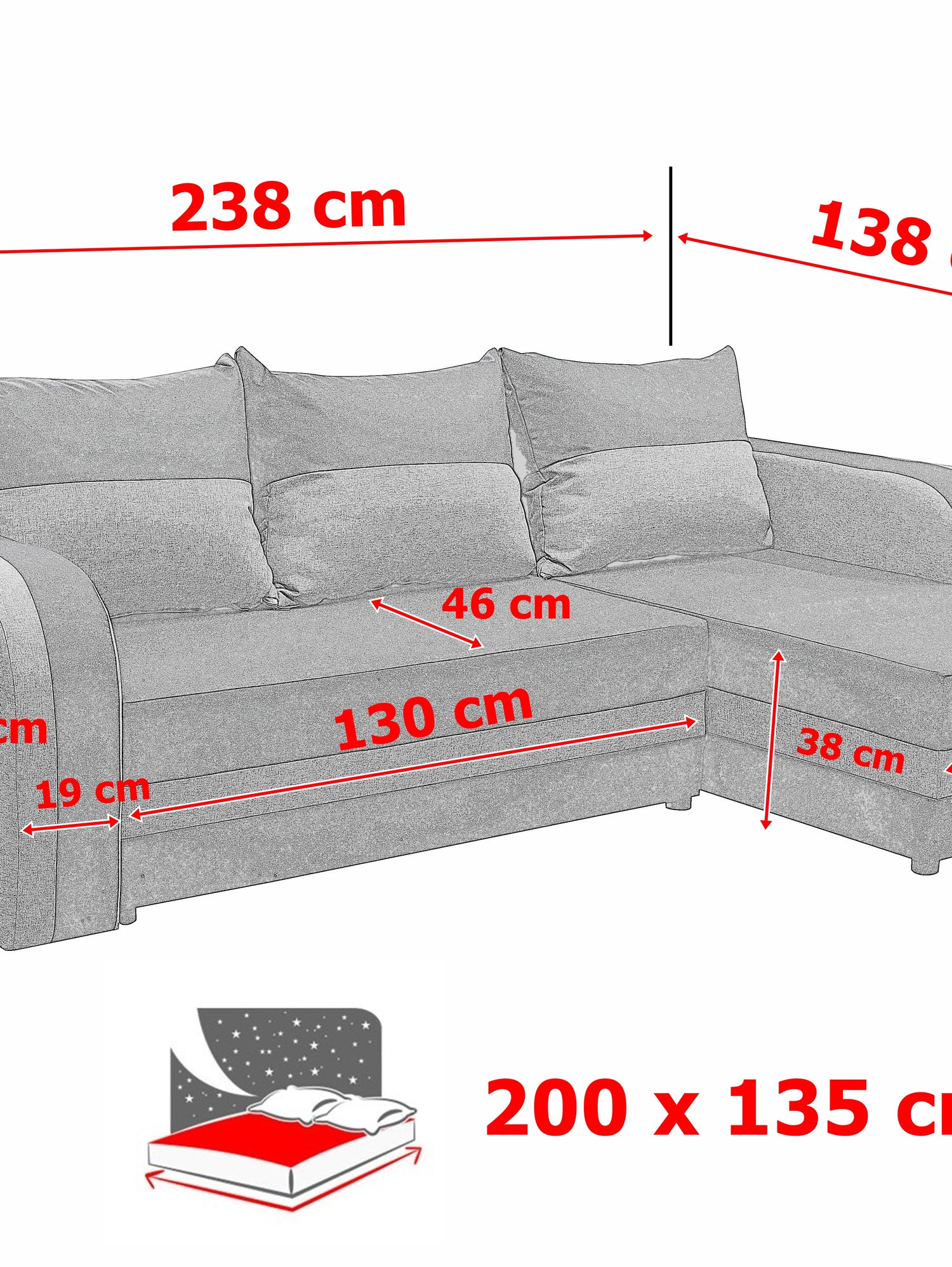 CORNER SOFA BED FLORIDA 238CM universal RIGHT/LEFT CORNER / FOAMTHIS MODEL IN UNIVERSAL WHICH MEANS YOU CAN CHOOSE CORNER SIDE DURING ASSEMBLY3x PILLOWS INCLUDED1X STORAGE SPACESLEEPING FUNCTIONSAWANA FABRICDIMENTIONSWidth: 238 cmDepth: 138cmSleeping area