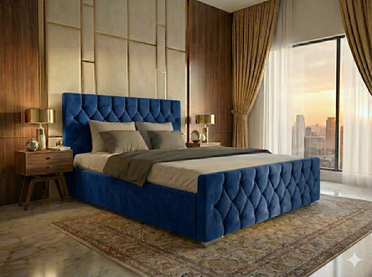 Luxury Velvet Bed with Deep Diamond Tufting & Chrome Feet – All Sizes