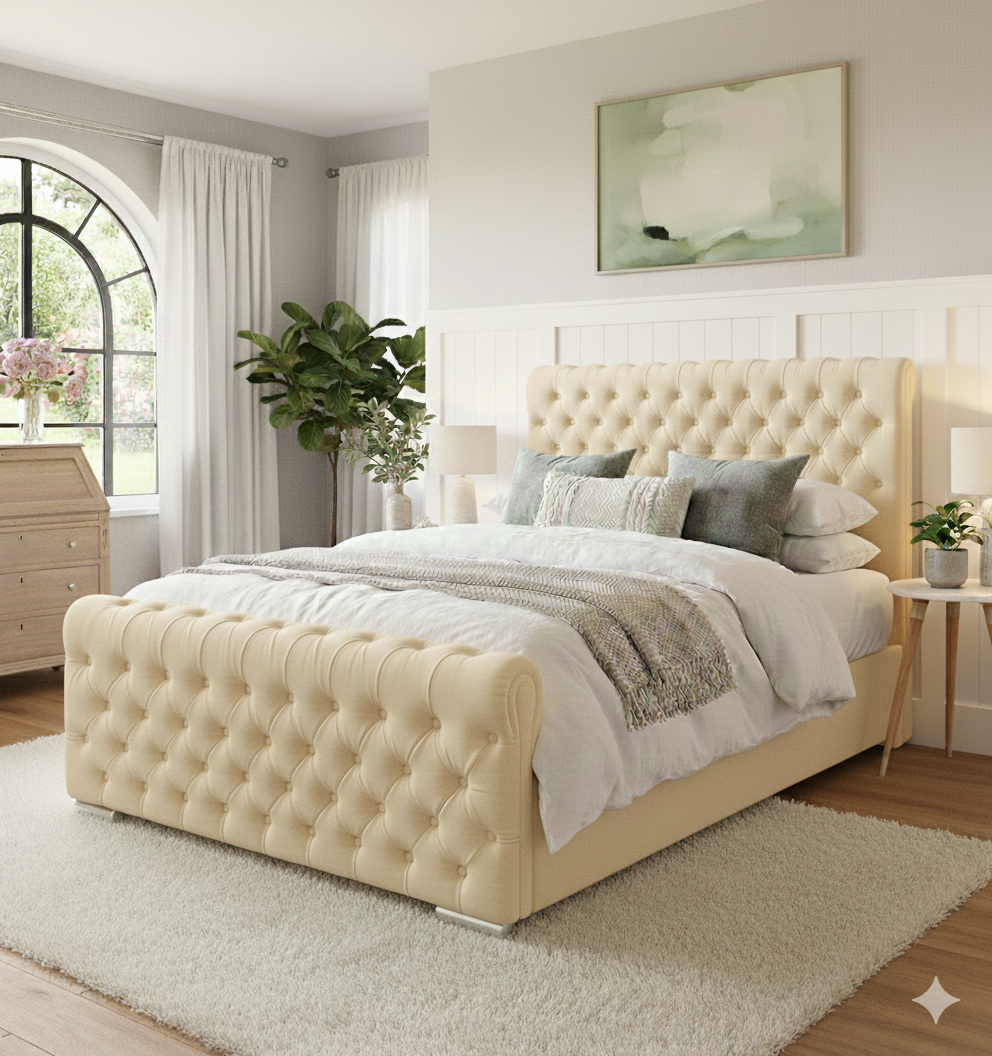 Luxury Wingback Chesterfield Ottoman Bed Frame – Deep Button Tufted Velvet | All Sizes