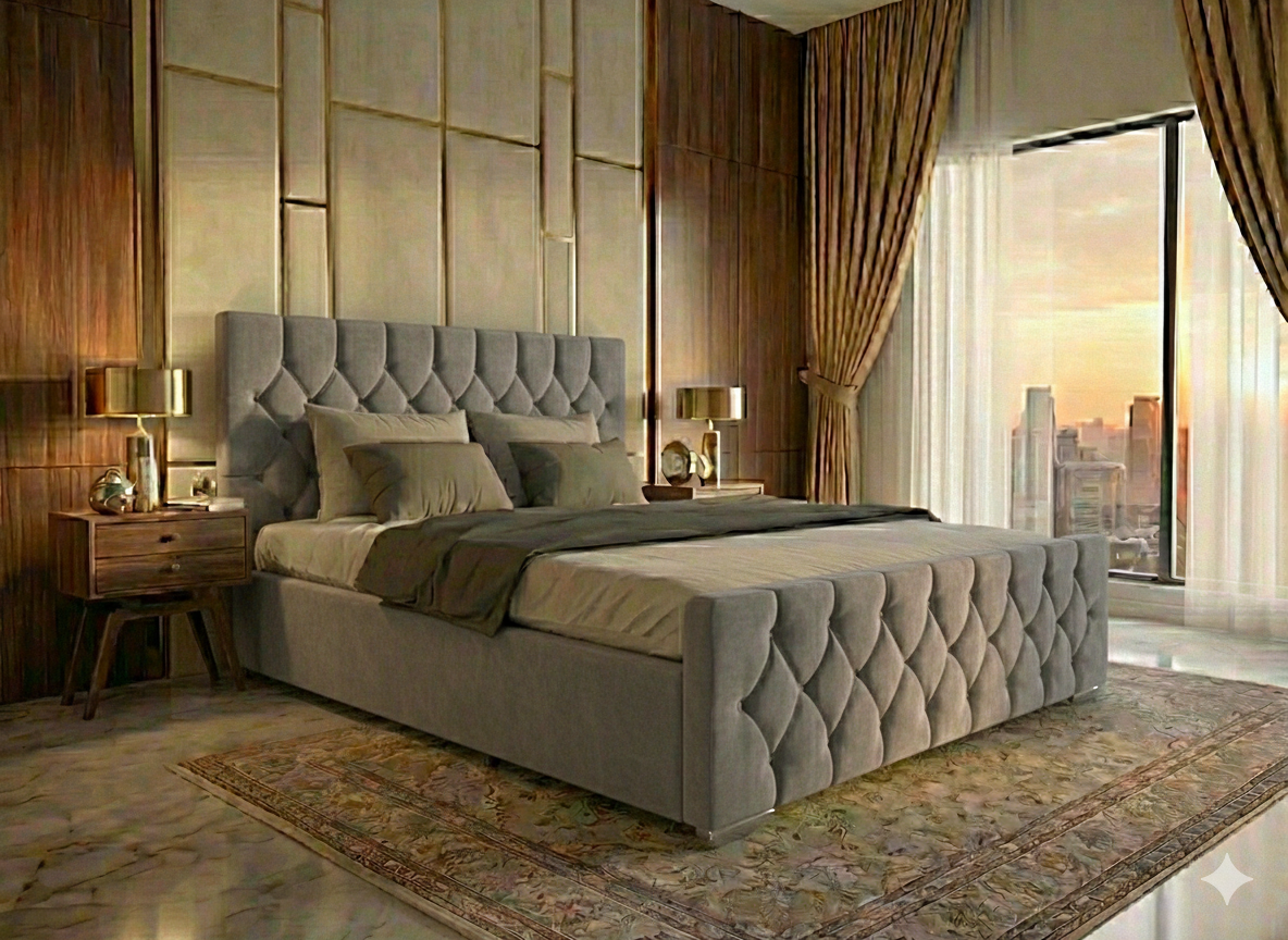 FREE DELIVERY! Luxury Velvet Chesterfield Bed with Deep Diamond Tufting & Chrome Feet – Available in All Sizes