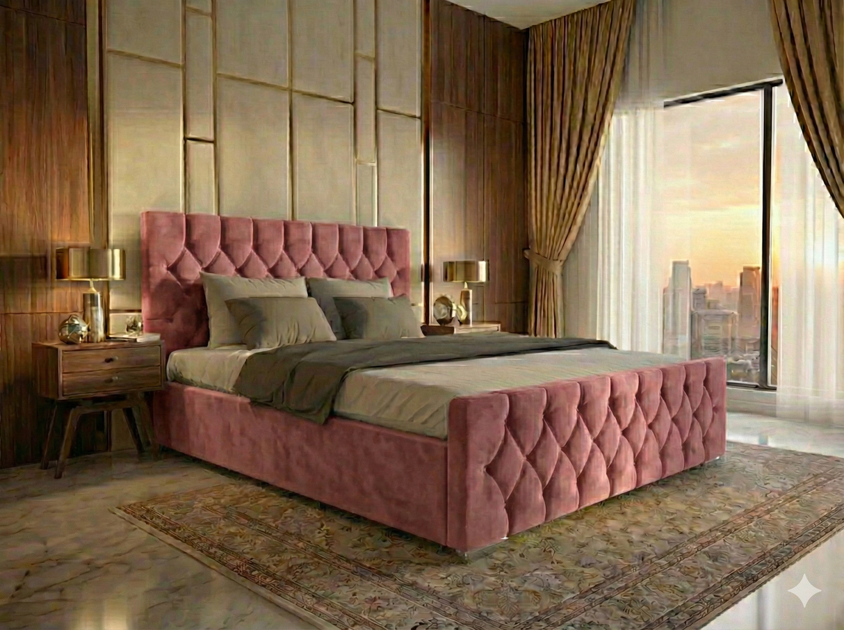 FREE DELIVERY! Luxury Velvet Chesterfield Bed with Deep Diamond Tufting & Chrome Feet – Available in All Sizes