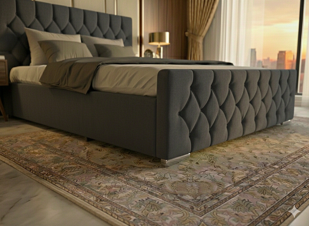 Luxury Velvet Bed with Deep Diamond Tufting & Chrome Feet – All Sizes