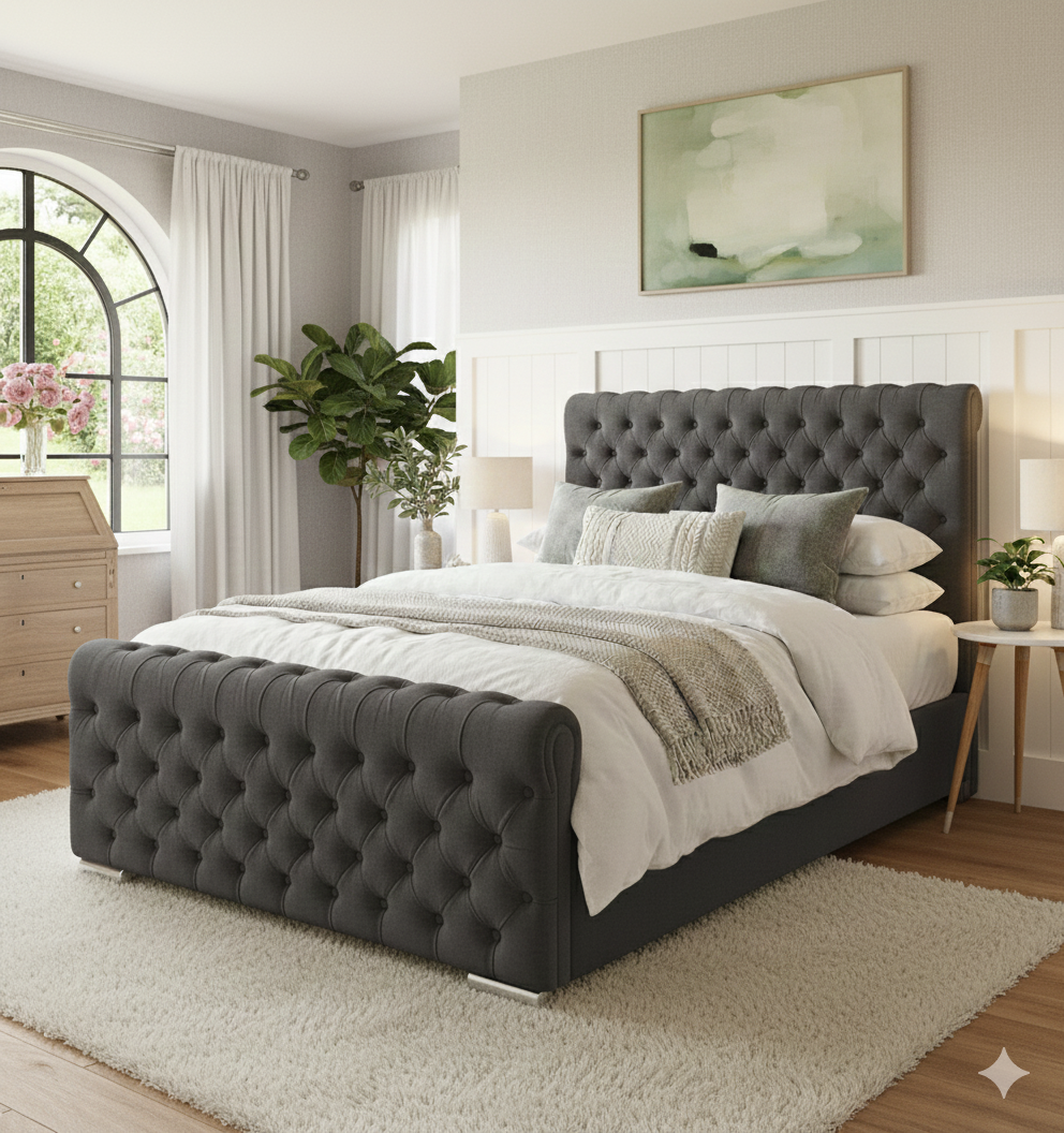 Luxury Wingback Chesterfield Ottoman Bed Frame – Deep Button Tufted Velvet | All Sizes