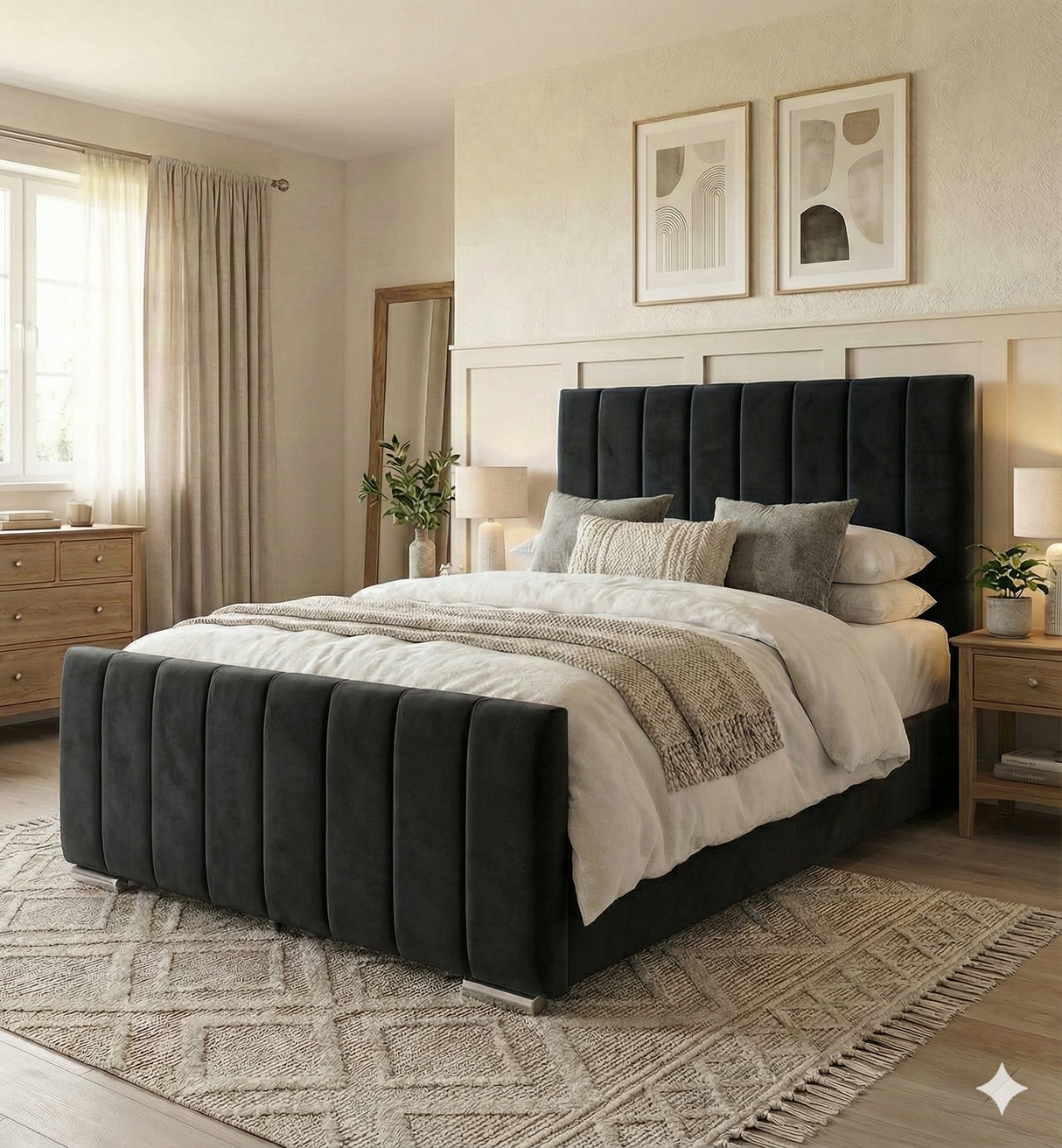 FREE DELIVERY! Modern Velvet Ottoman Bed Frame with Gas-Lift Storage & Tall Vertical Design Headboard – Available in All Sizes