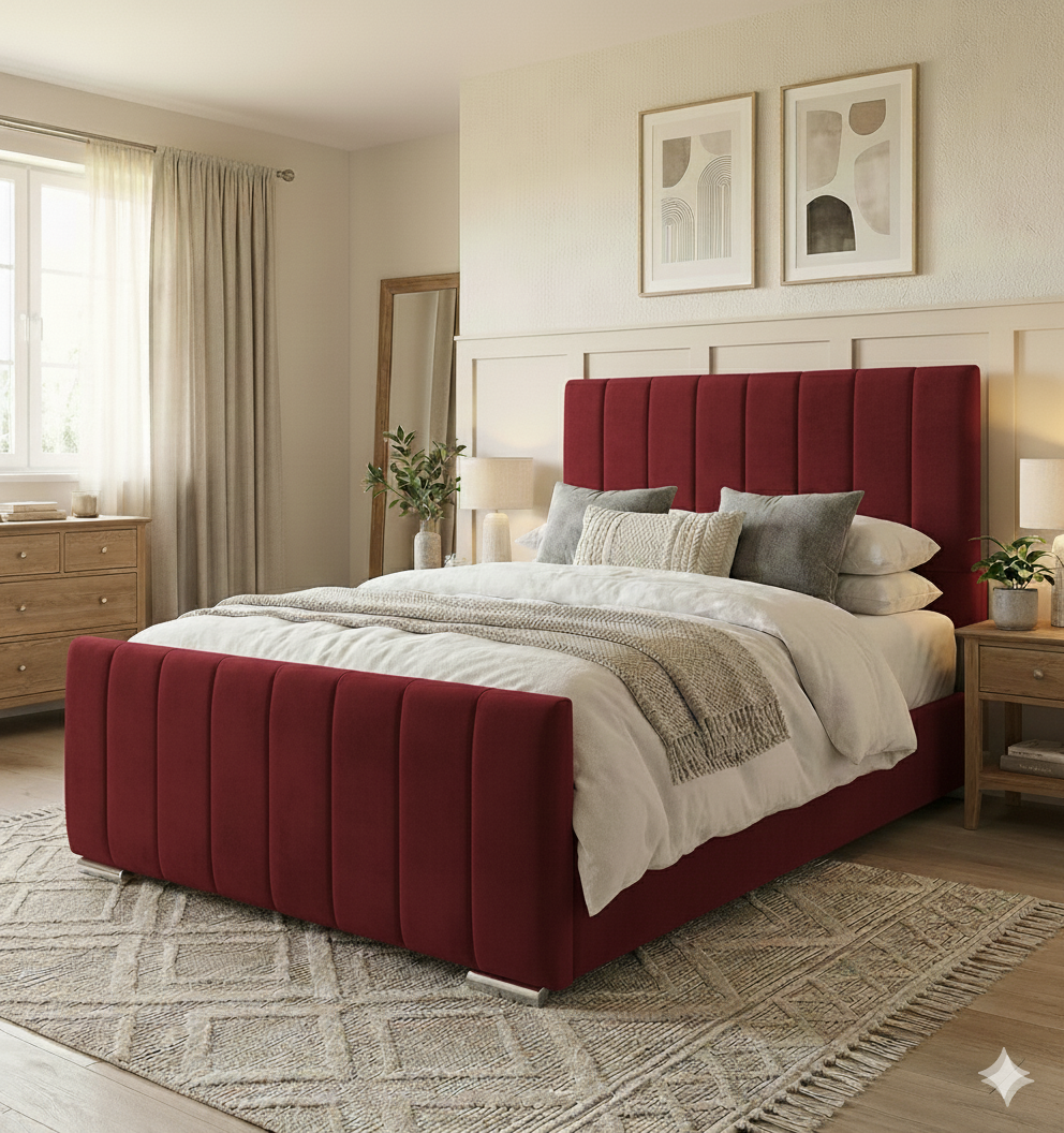 FREE DELIVERY! Modern Velvet Ottoman Bed Frame with Gas-Lift Storage & Tall Vertical Design Headboard – Available in All Sizes