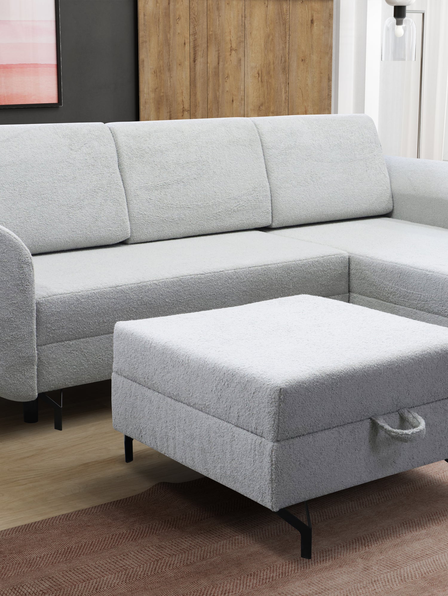CORNER SOFA BED OSLO WITH OPTIONAL STOLLTHIS MODEL IS UNIVERSAL WHICH MEANS YOU CAN CHOOSE CORNER SIDE DURING ASSEMBLY3x PILLOWS INCLUDED2X STORAGE SPACE BONELL SPRINGS + FOAMAnna Furniture