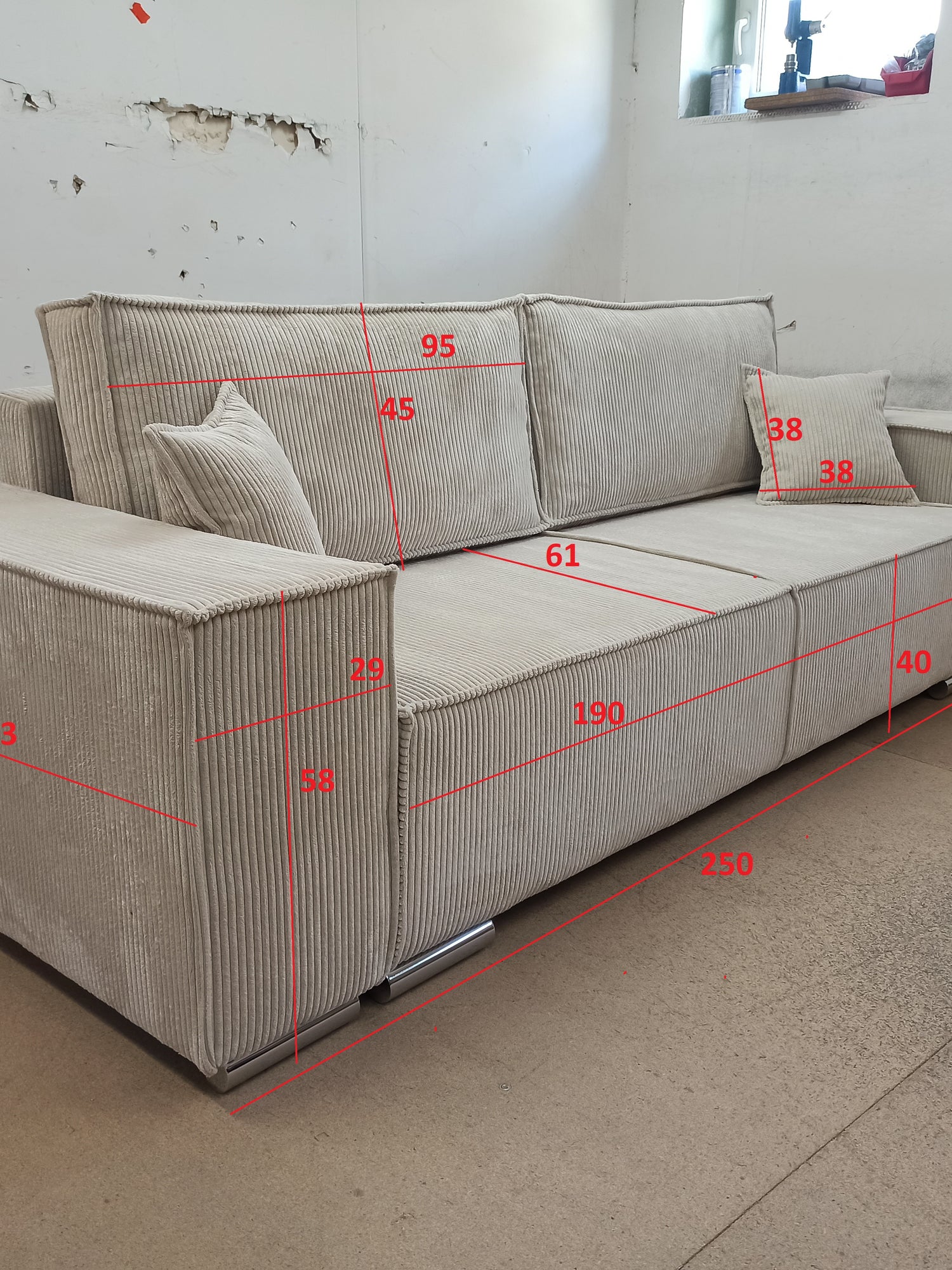 SOFA BED FIORD POSO 02 250cm / SPRINGS + FOAMSOFA DIMENSIONS: sleeping area 154/190 cm width 249 cm depth 94 cm height to the seat 40 cm side height 58 cm seat depth 79 cm (without cushions) seat depth 62 cm (with cushions)* dimensions given with a tolera