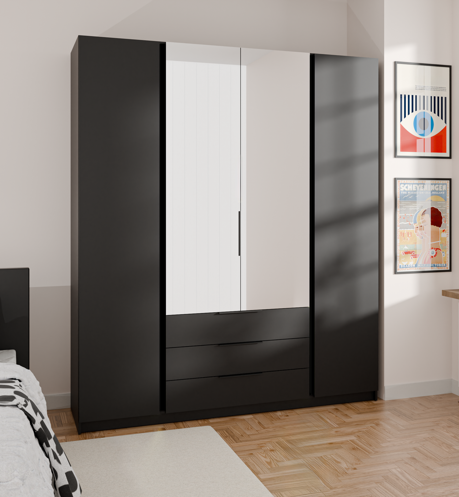KAJA 2F 2 MIRROR 3S - AVAILABLE IN 4 COLORSDimensions: 2000 x 2390 x 619 mm (W x H x D)Number of Packages: 6Front:- laminated plate 16 mm - black- the edge of ABS- handle UA-HEXA-256-20M, 256 mm / aluminumThe body:- laminated plate 16 mm - oak evoke- mela