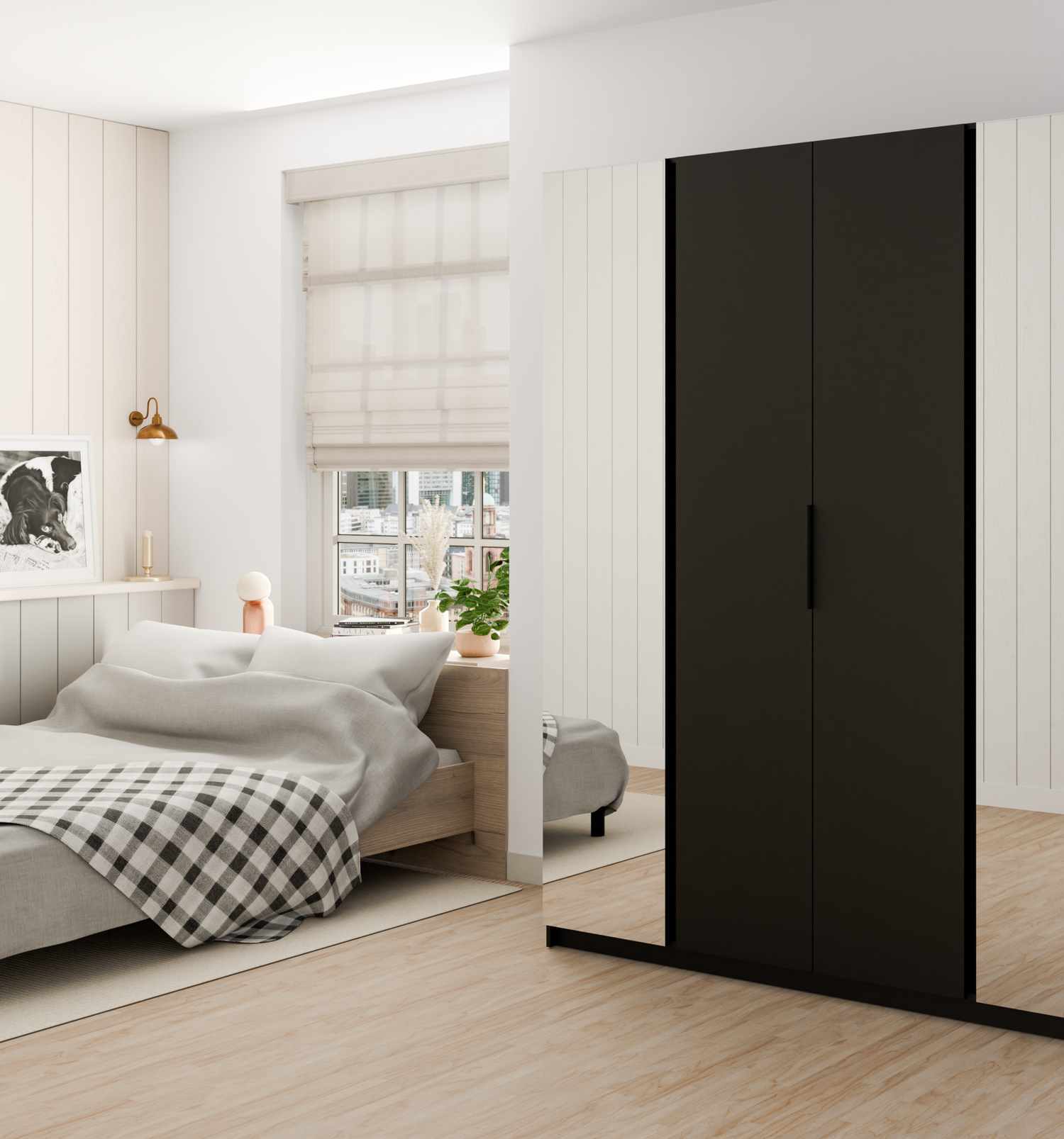KAJA 2 MIRROR 2F - AVAILABLE IN 4 COLORSDimensions: 2000 x 2390 x 619 mm (W x H x D)Number of Packages: 6Front:- laminated plate 16 mm - black- the edge of ABS- handle UA-HEXA-256-20M, 256 mm / aluminumThe body:- laminated plate 16 mm - oak evoke- melamin