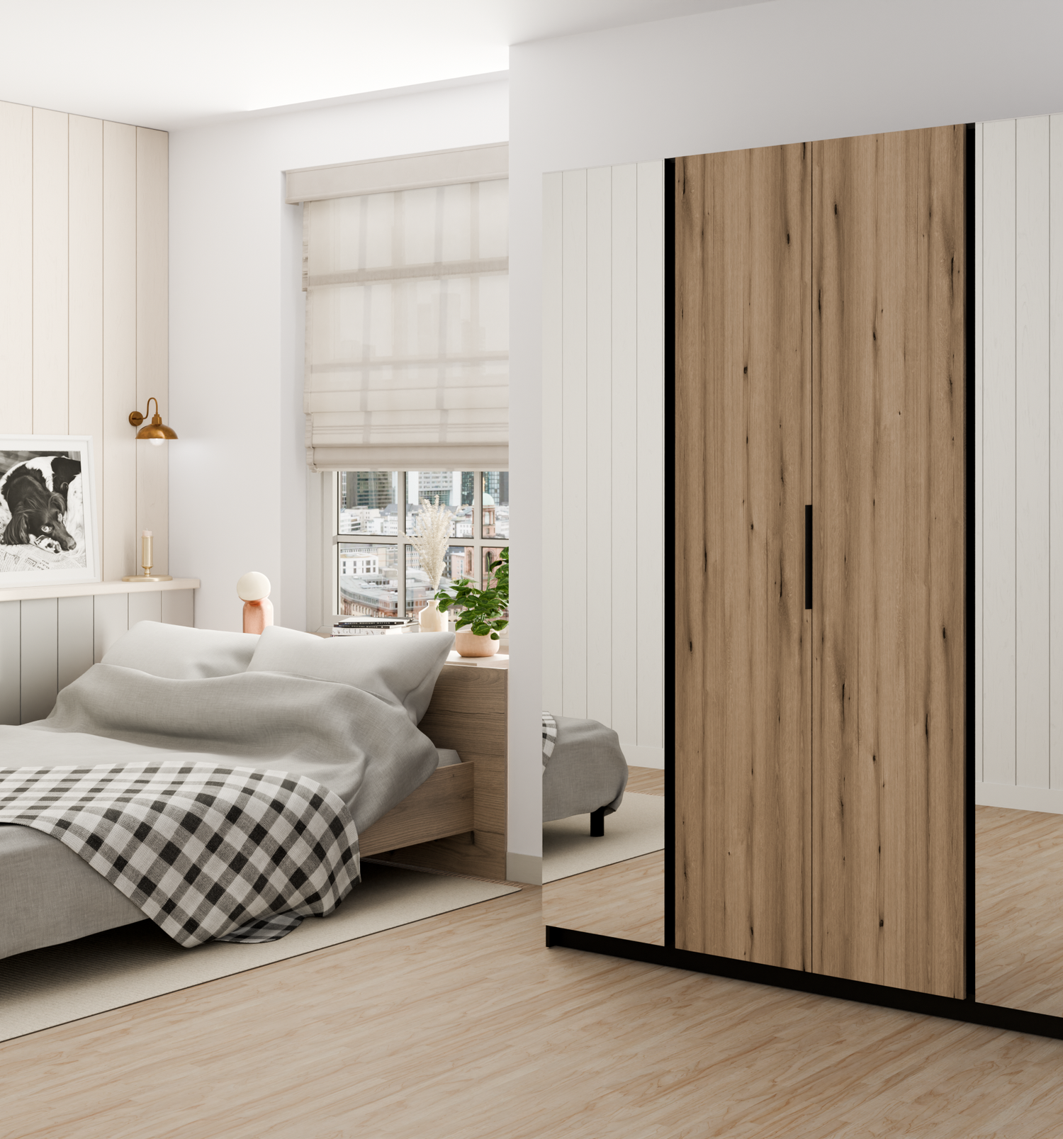 KAJA 2 MIRROR 2F - AVAILABLE IN 4 COLORSDimensions: 2000 x 2390 x 619 mm (W x H x D)Number of Packages: 6Front:- laminated plate 16 mm - black- the edge of ABS- handle UA-HEXA-256-20M, 256 mm / aluminumThe body:- laminated plate 16 mm - oak evoke- melamin