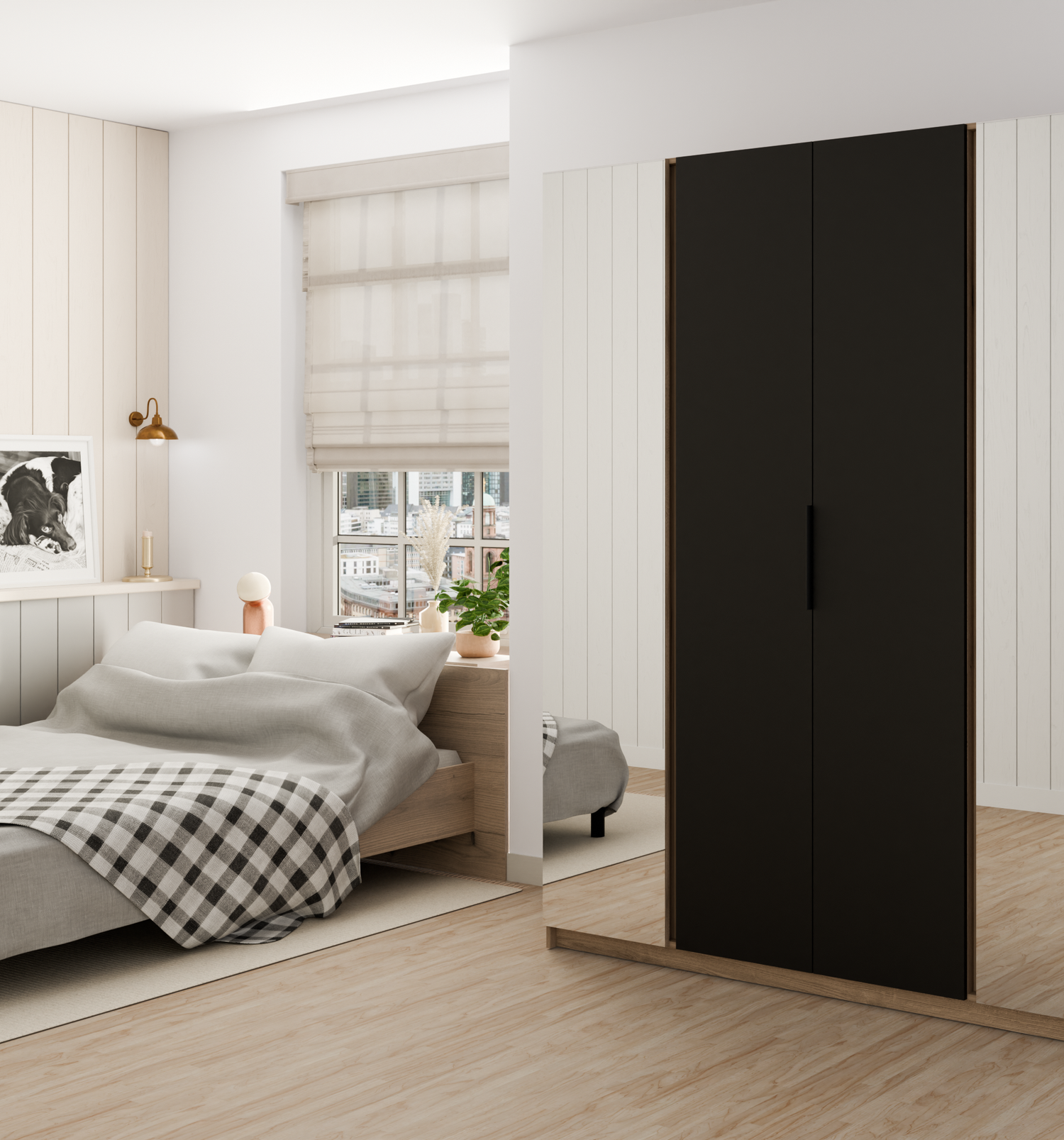KAJA 2 MIRROR 2F - AVAILABLE IN 4 COLORSDimensions: 2000 x 2390 x 619 mm (W x H x D)Number of Packages: 6Front:- laminated plate 16 mm - black- the edge of ABS- handle UA-HEXA-256-20M, 256 mm / aluminumThe body:- laminated plate 16 mm - oak evoke- melamin