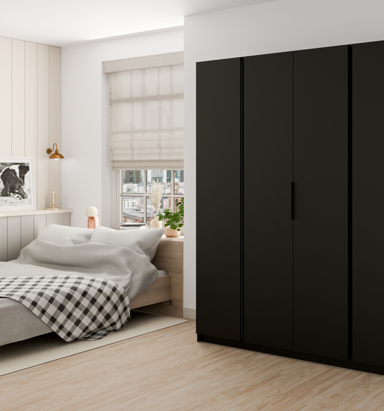 KAJA 4F - AVAILABLE IN 4 COLORSDimensions: 2000 x 2390 x 619 mm (W x H x D)Number of Packages: 6Front:- laminated plate 16 mm - black- the edge of ABS- handle UA-HEXA-256-20M, 256 mm / aluminumThe body:- laminated plate 16 mm - oak evoke- melamine / ABS p