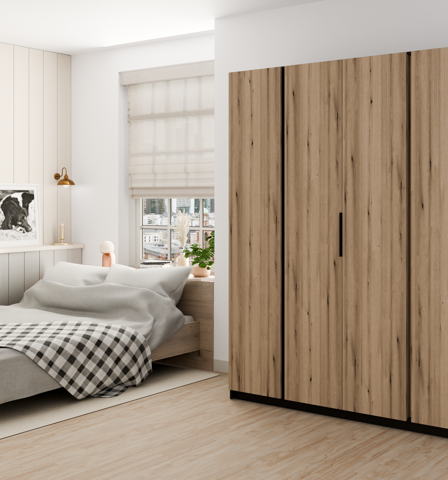 KAJA 4F - AVAILABLE IN 4 COLORSDimensions: 2000 x 2390 x 619 mm (W x H x D)Number of Packages: 6Front:- laminated plate 16 mm - black- the edge of ABS- handle UA-HEXA-256-20M, 256 mm / aluminumThe body:- laminated plate 16 mm - oak evoke- melamine / ABS p